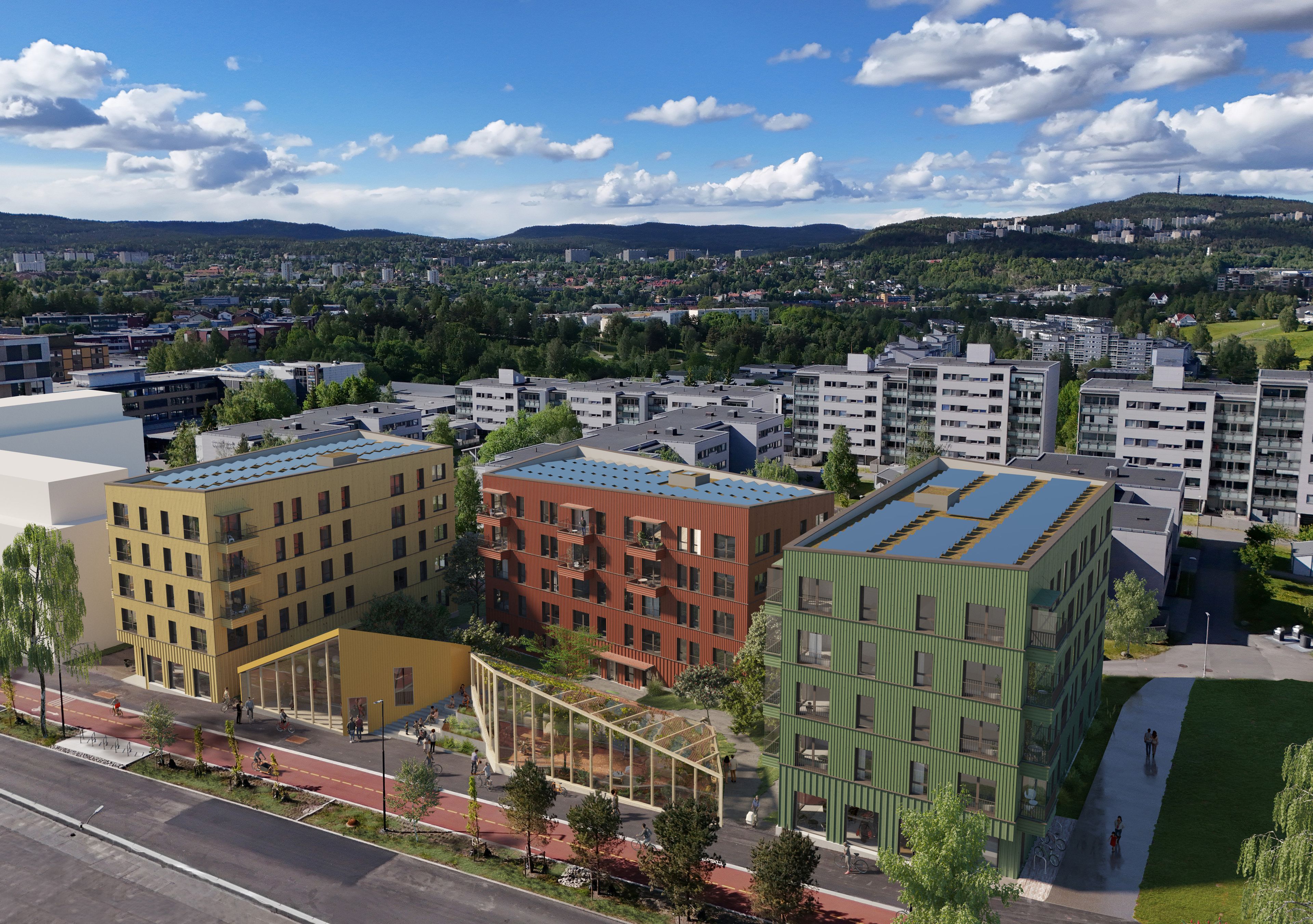 Illustrasjon av byggene i boligprosjektet Furuset Village.