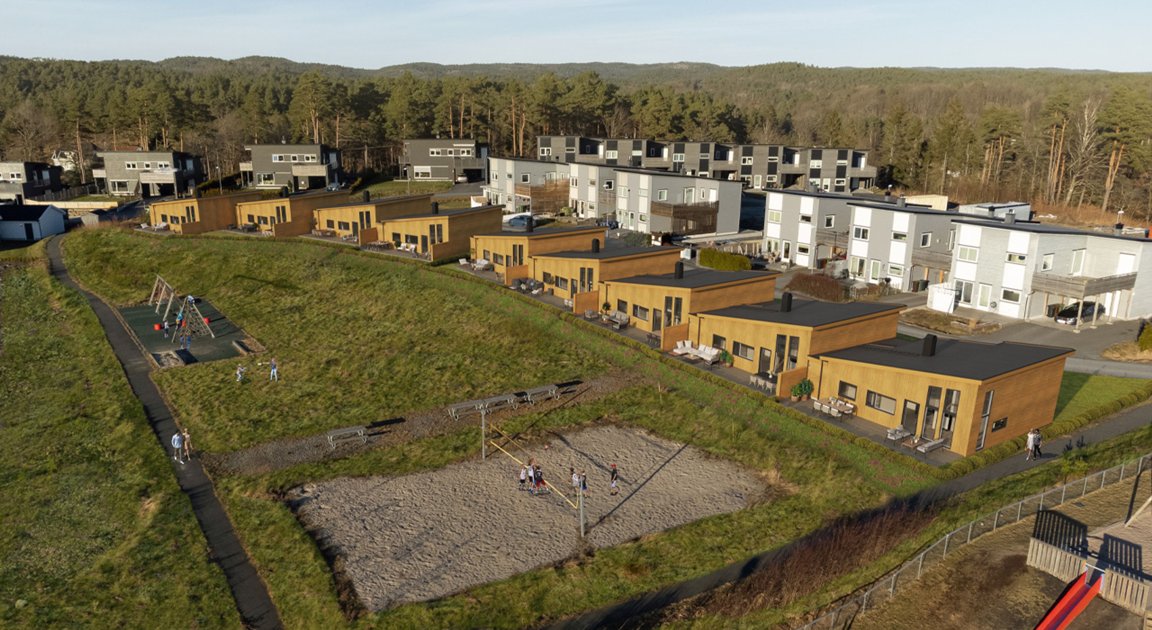 Illustrasjon av fasade på enebolig med terrasse i Høvåg B14, i Ringveien