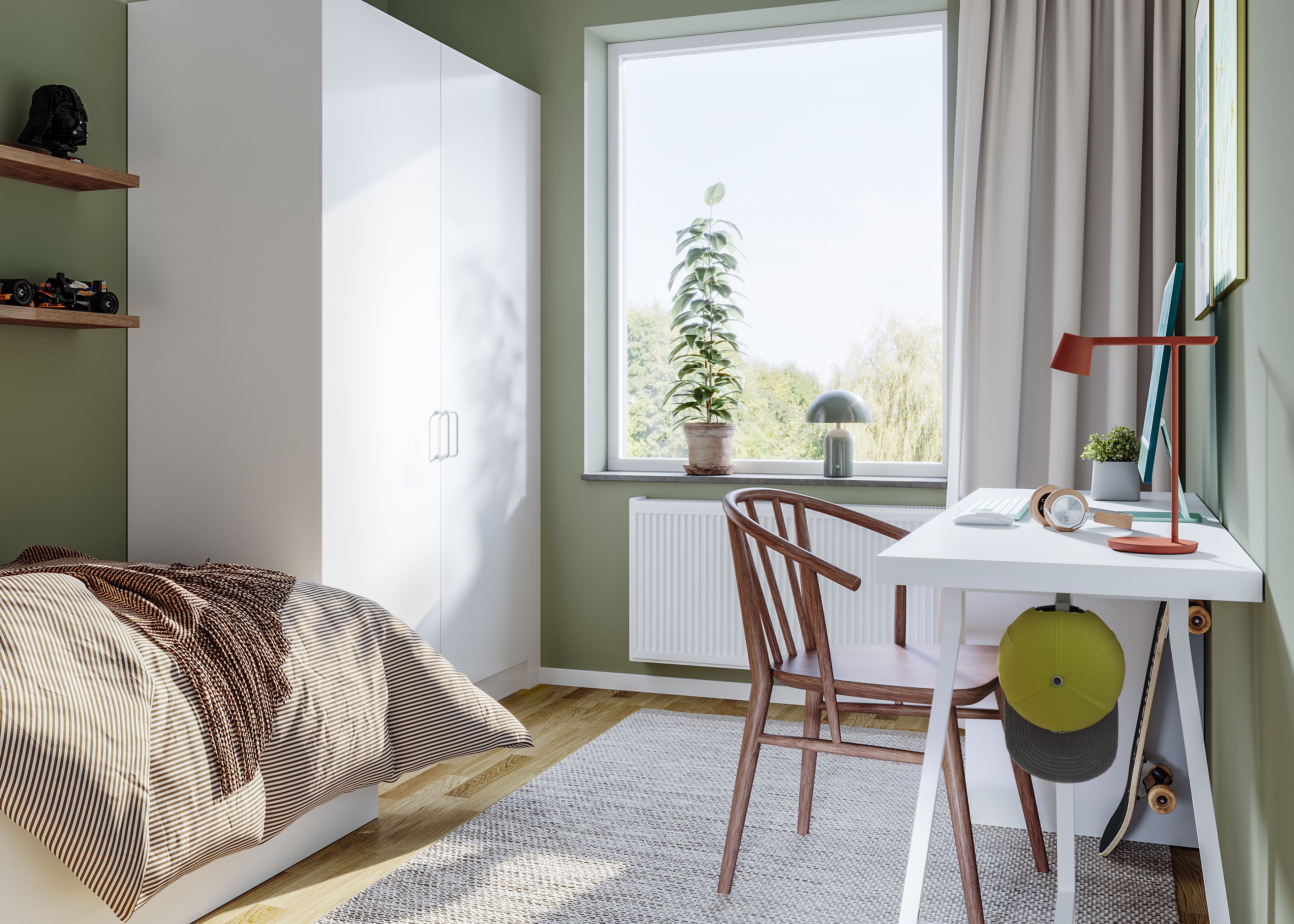 Illustration av ett mindre sovrum med enkelsäng, skrivbord och gröna väggar