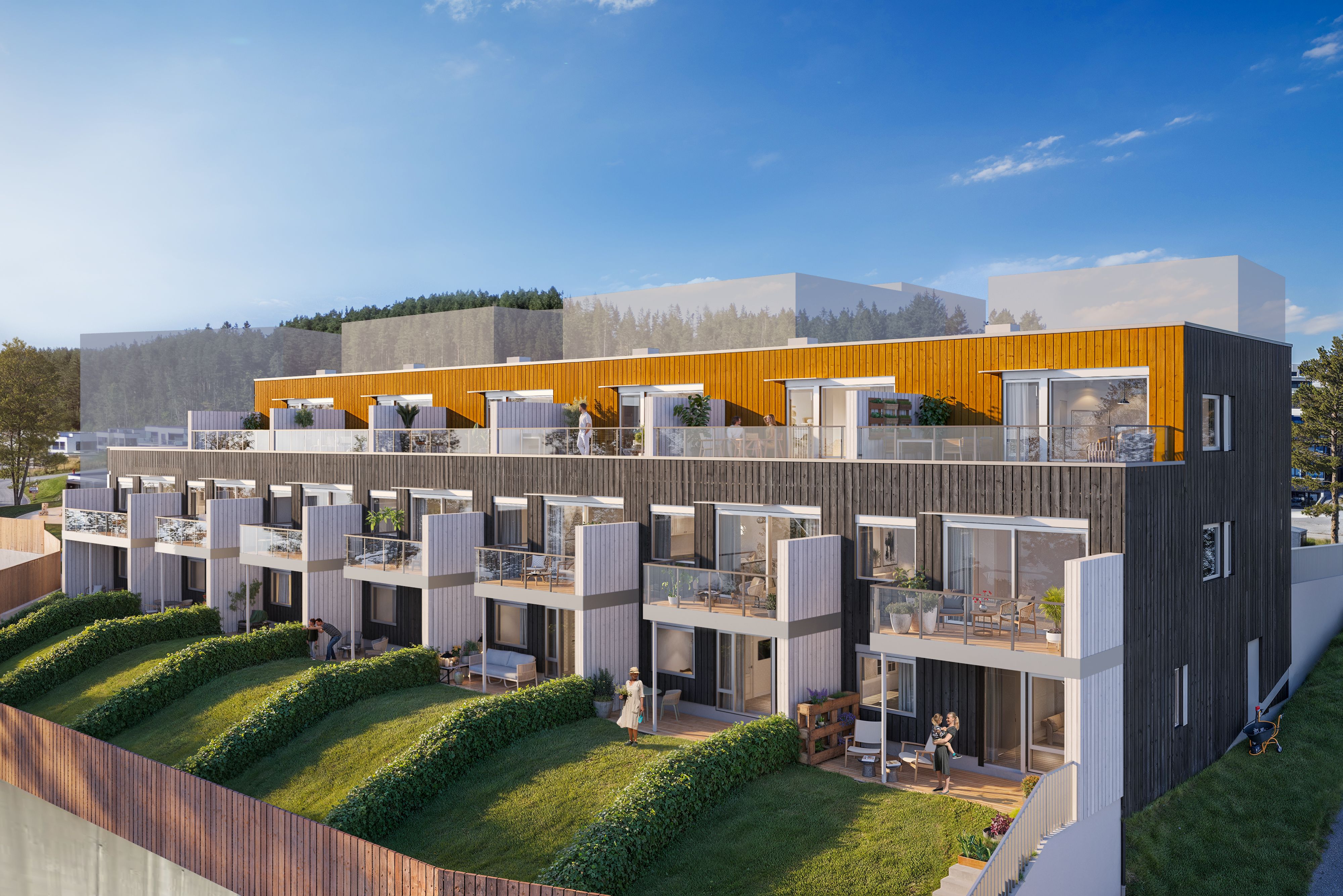 Illustrasjon av rekkehusfasade med hager og takterrasser.
