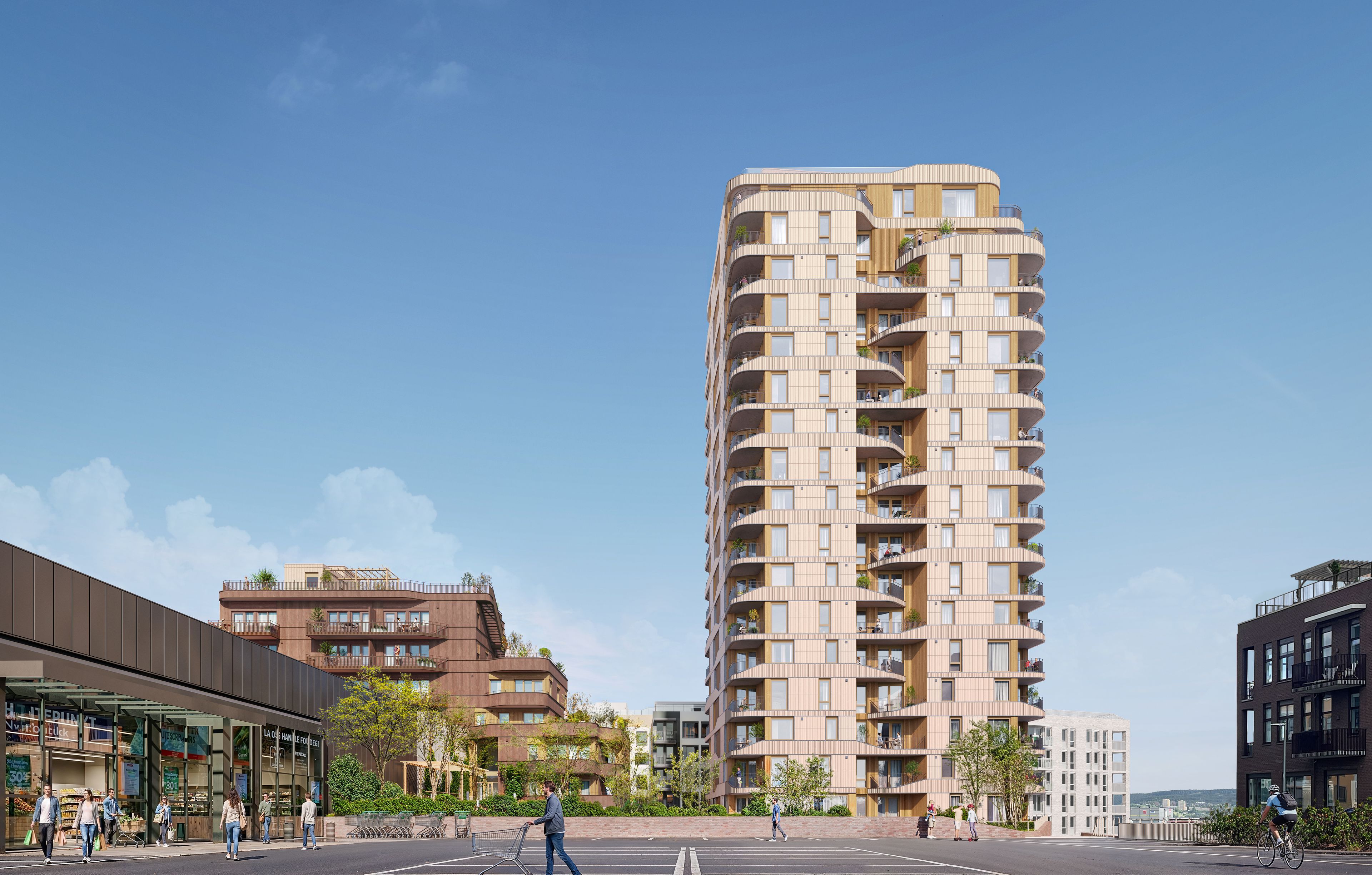 Illustrasjon av høybygg med boliger med miljø og stor parkeringplass i forkant.