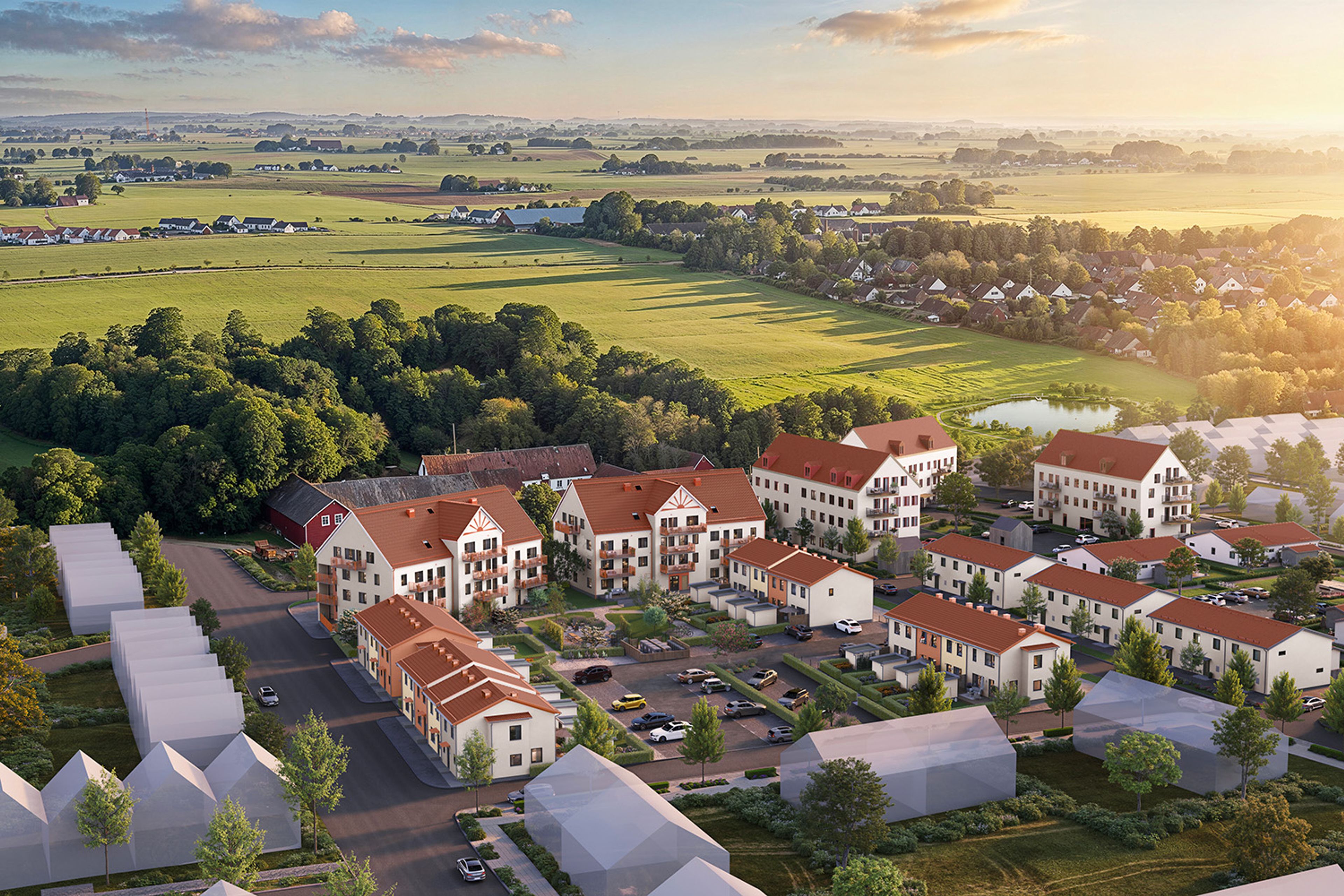 Flygfoto med montage av de nya kvarteren i Vellinge Parkby