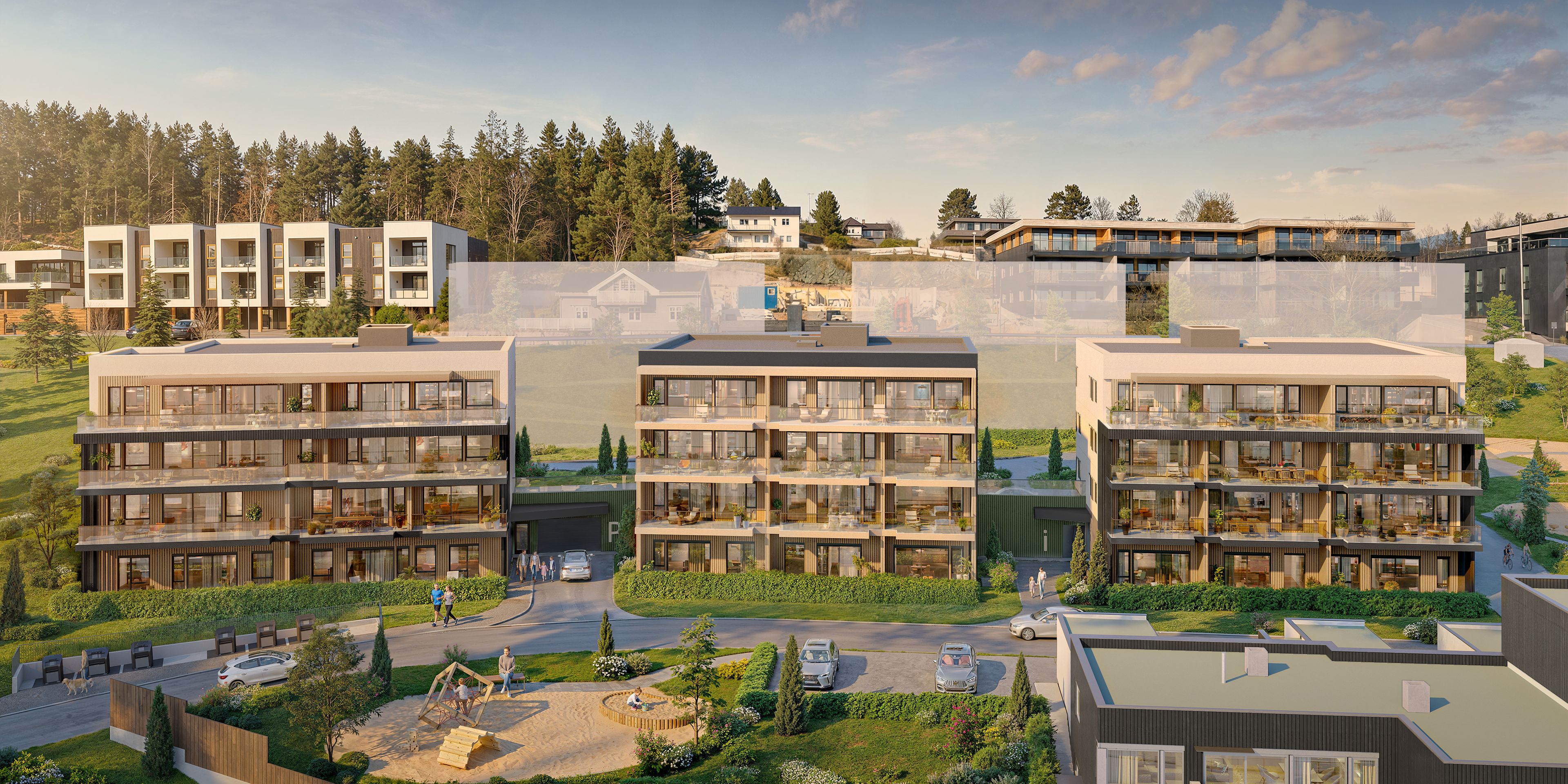 Fasade og uteområder foran Hus A, B og C på Åsetunet.