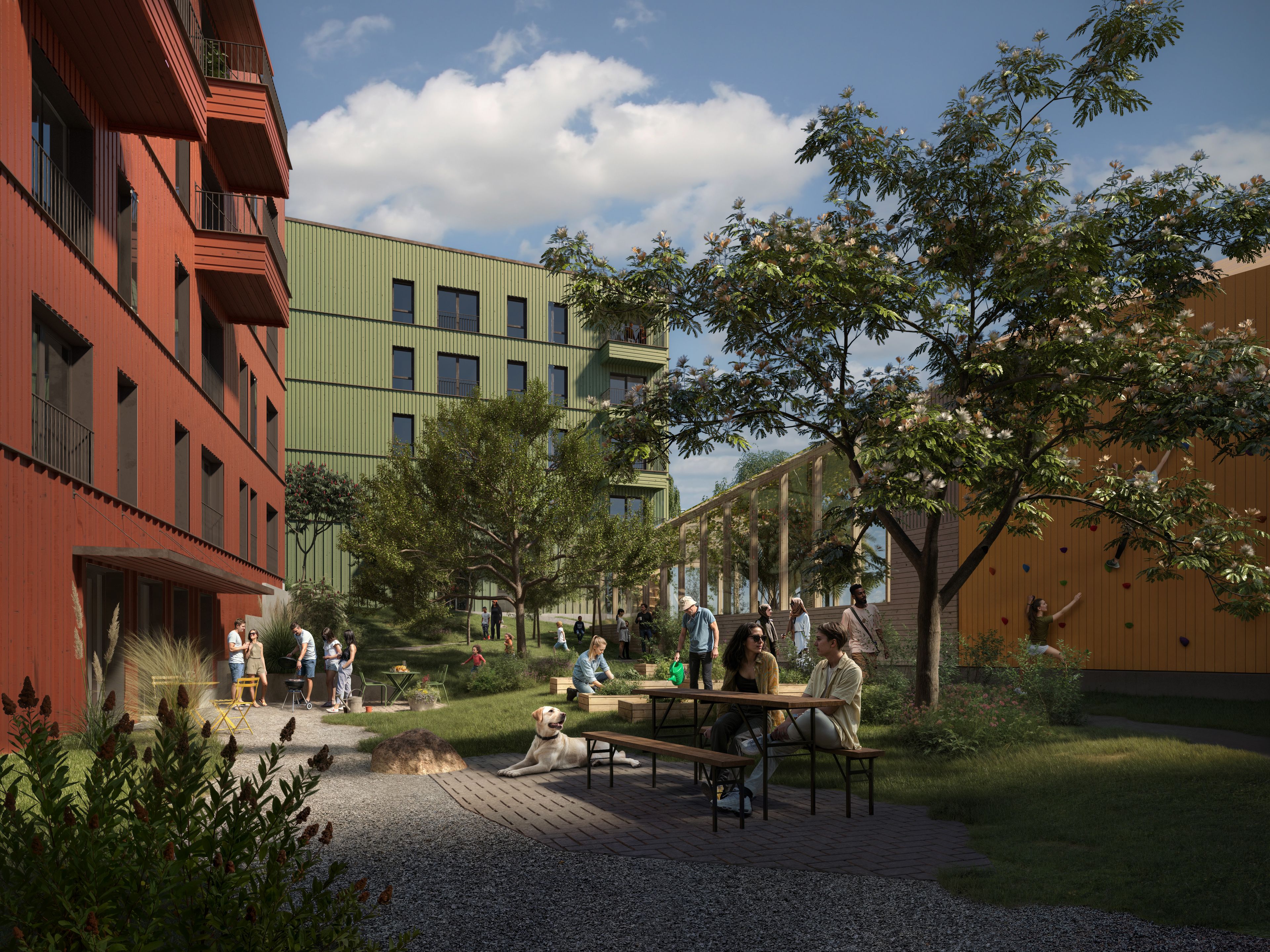 Illustrasjon av mennesker i gårdsrommet på Furuset Village.