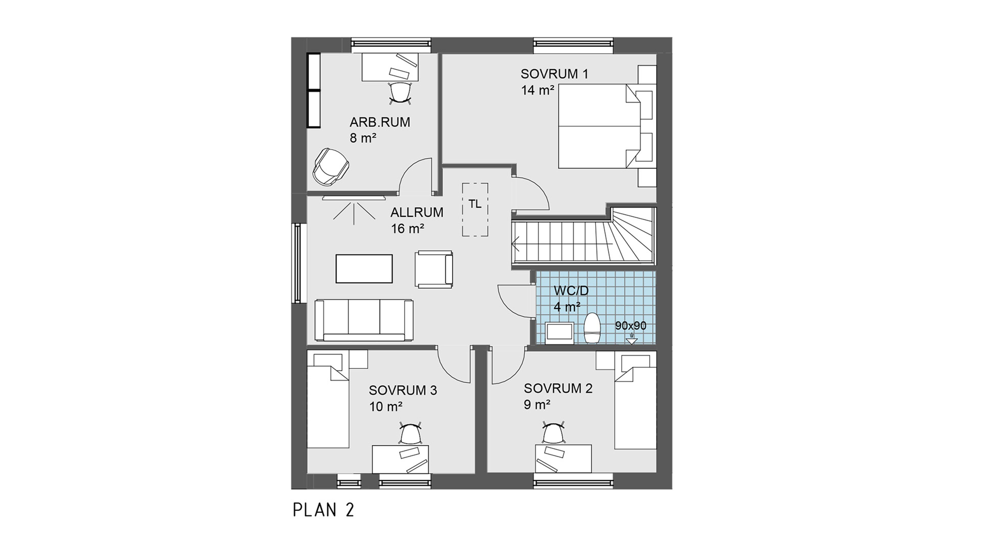 Planlösning på ovanvåning i hus 01, 05, 07, 09, 12, 14, 16 och 18