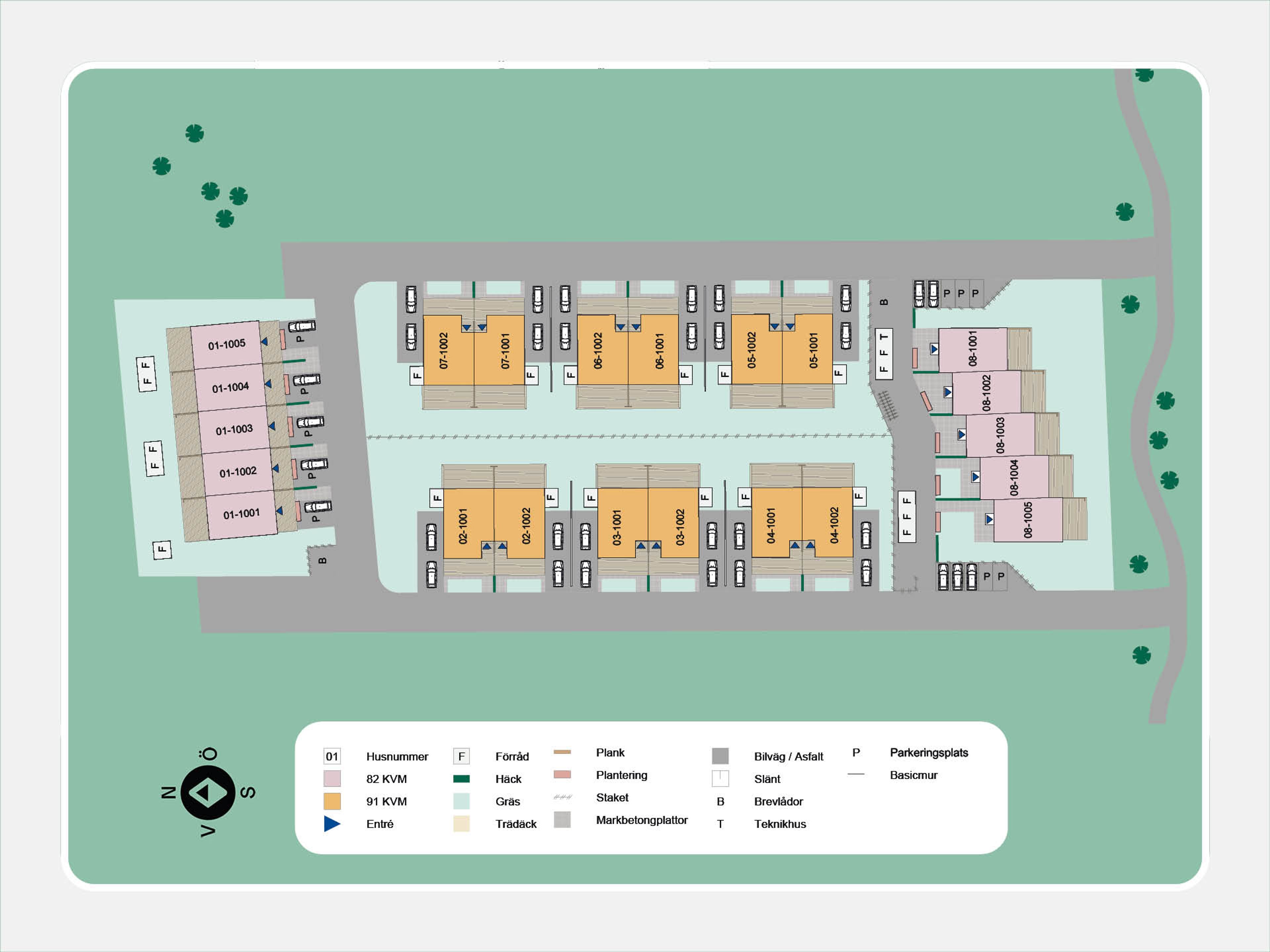 Illustrerad kvartersskiss över bostadsområdet men husens placering