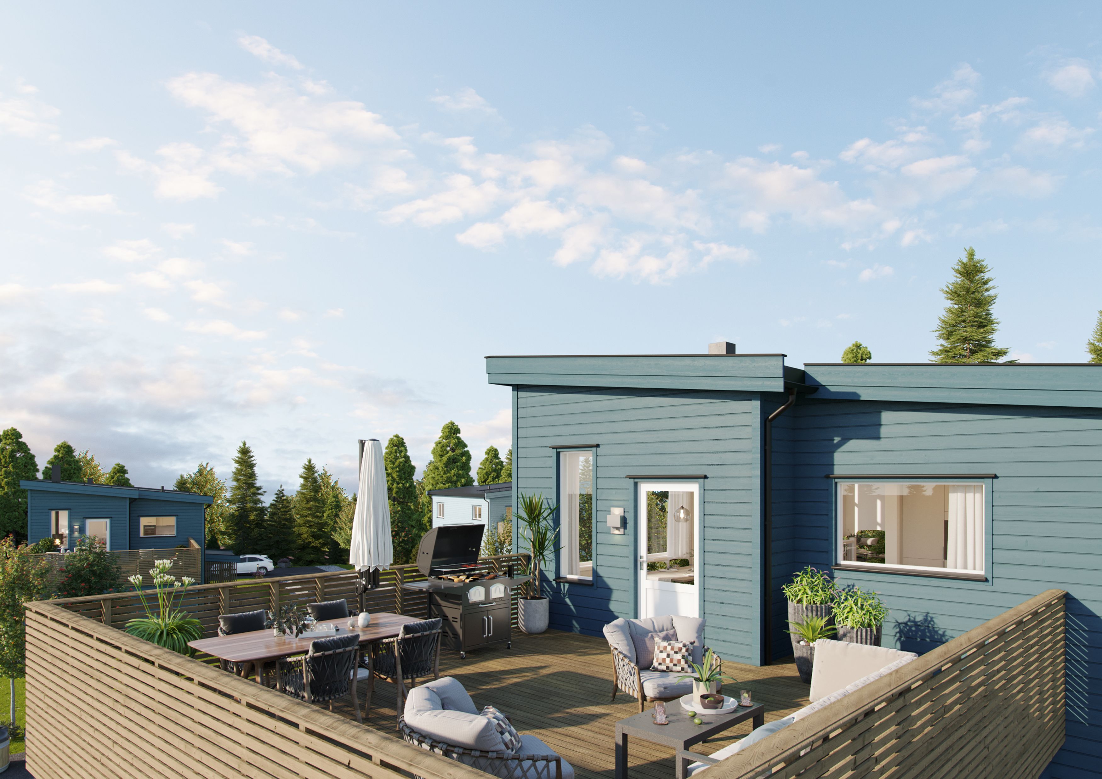 Illustrasjon av fasade på enebolig, hus 17, på Pepperstad Terrasse