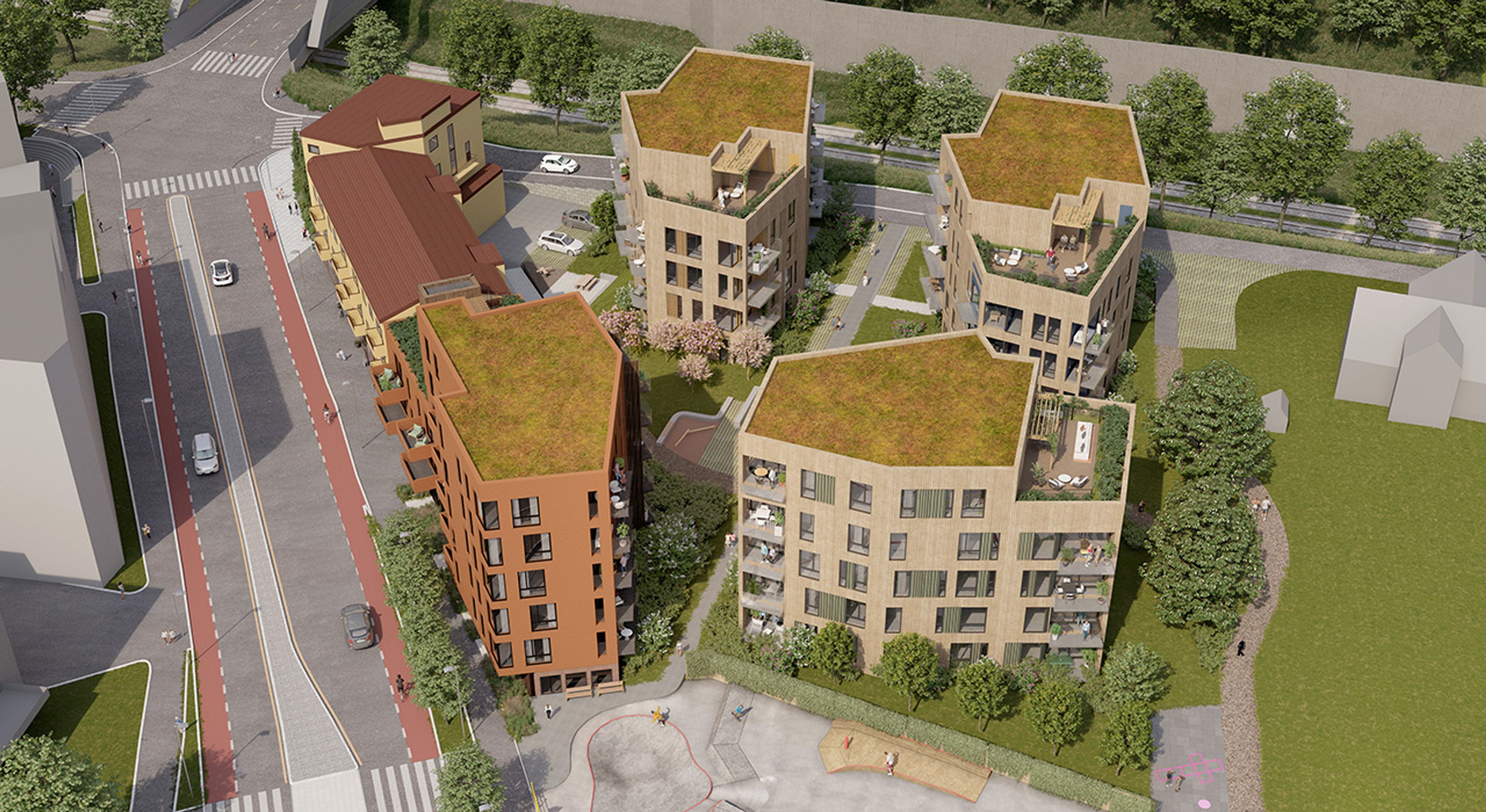 Illustrasjon av oversikt over leilighetsbygg i Waldemarhøyveien på dagtid