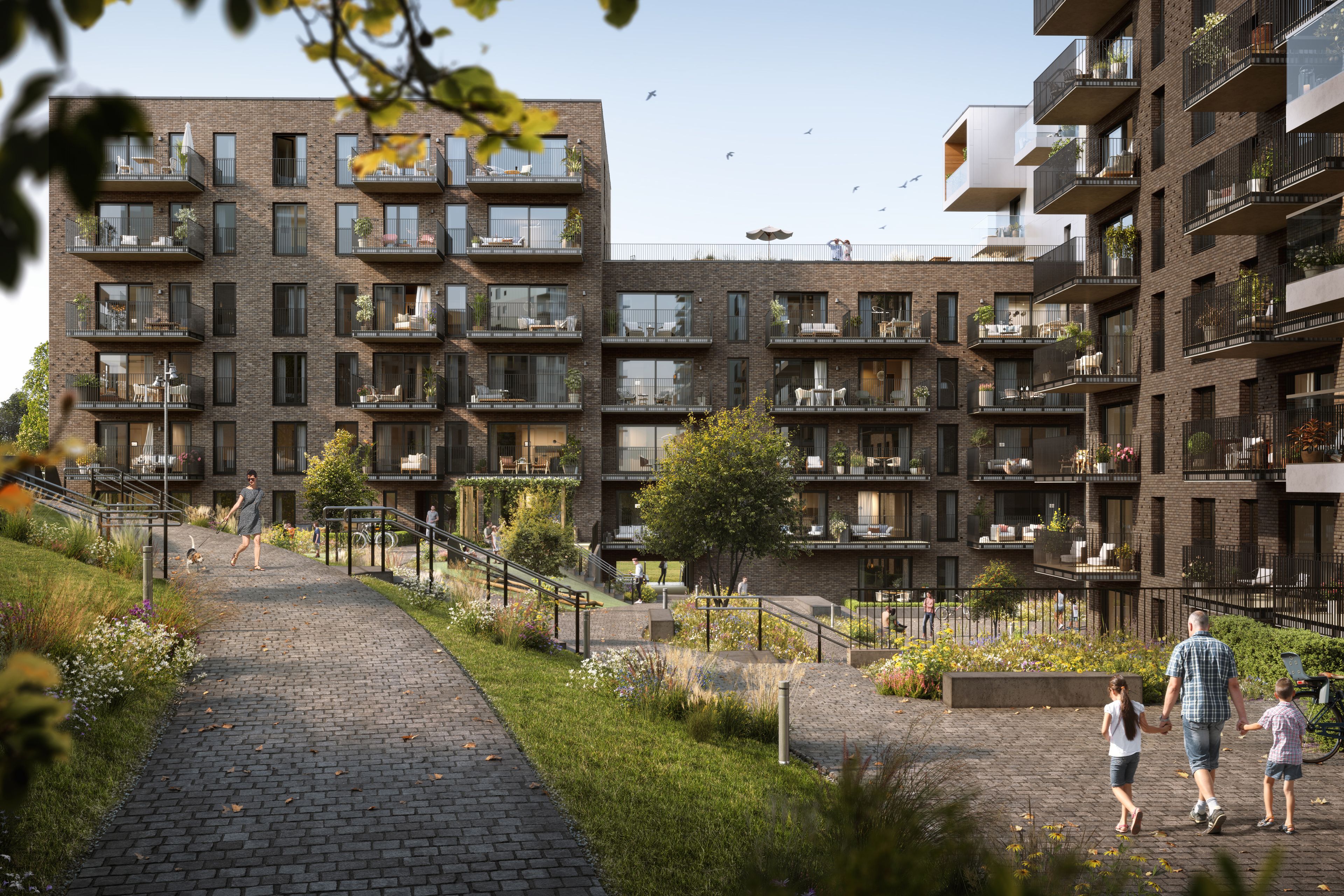 Illustrasjon av gårdsrommet i boligprosjektet Røakollen