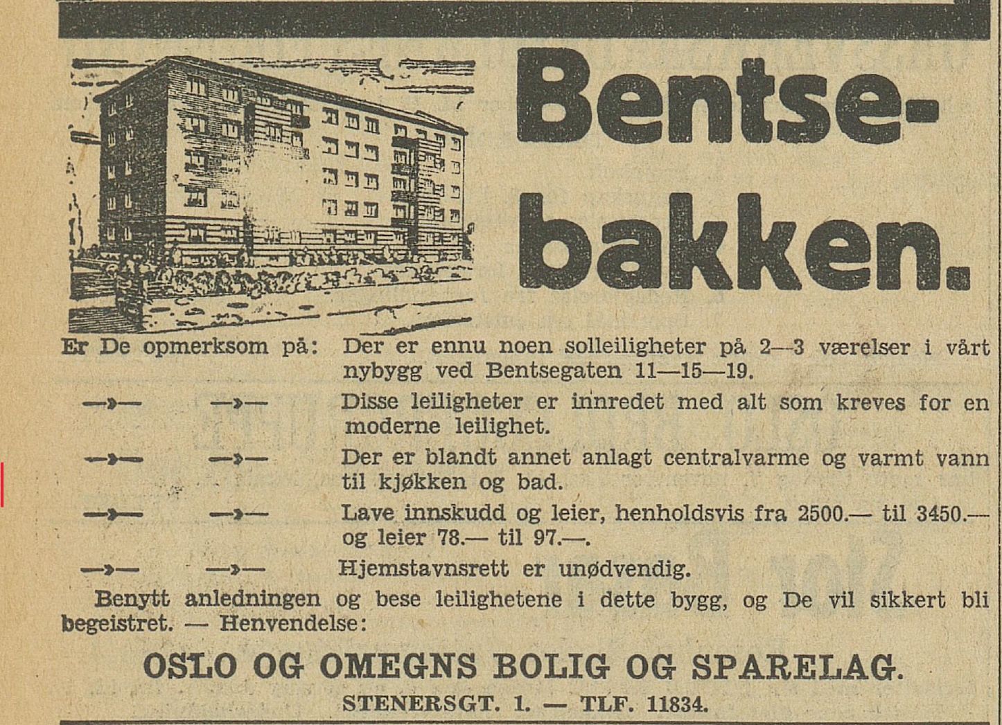 Utsnitt av Bentsebakken annonse i Arbeiderbladet 1933
