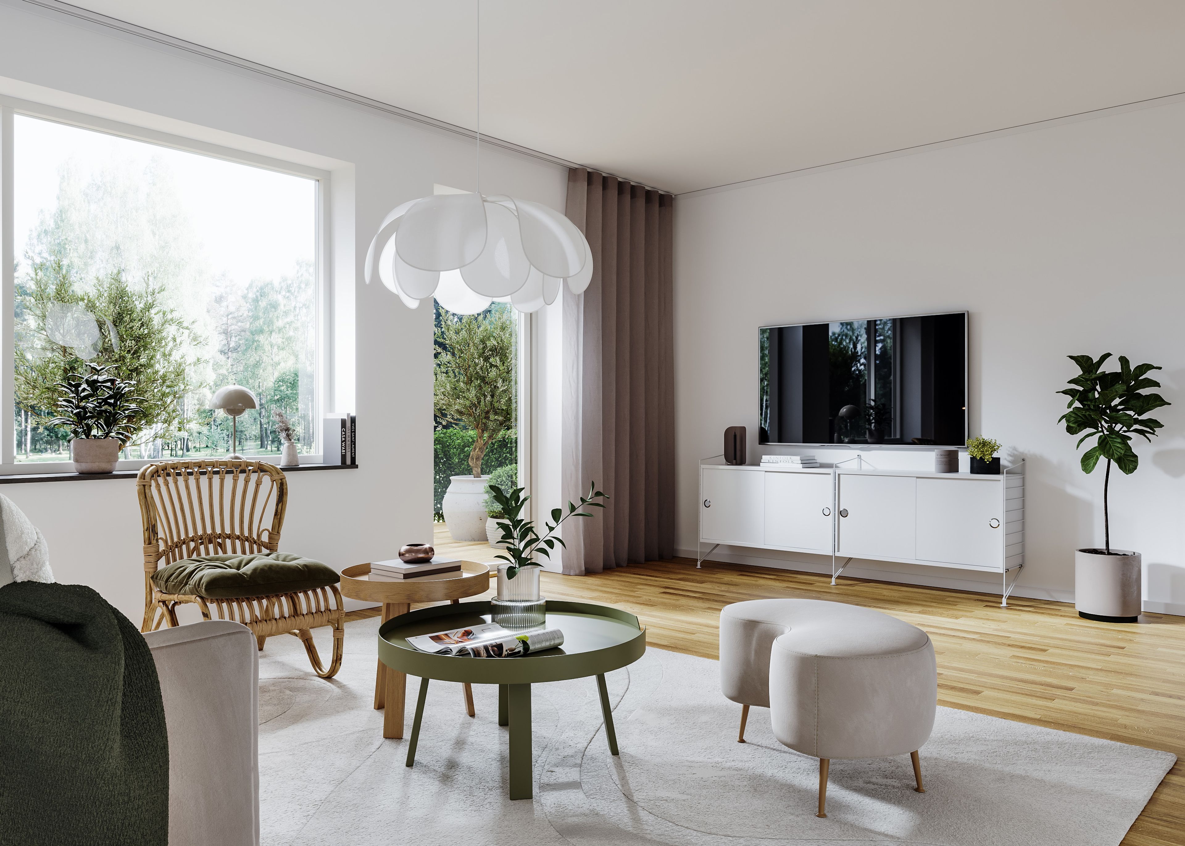 Illustration av vardagsrum med soffa och TV-bänk med altandörr