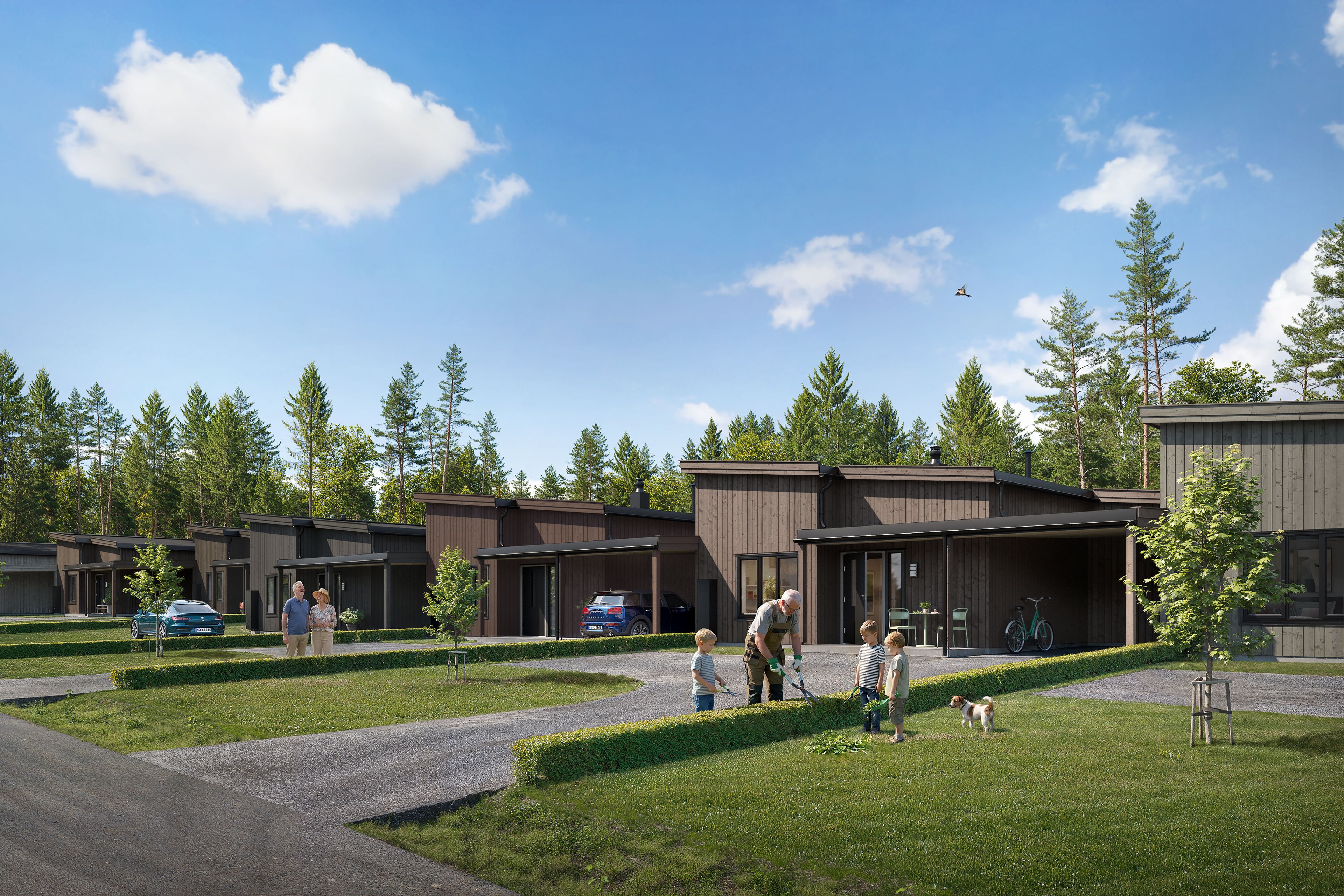 Illustrasjon av eneboliger i kjede, hus 3–7 på Bergermoen Park.