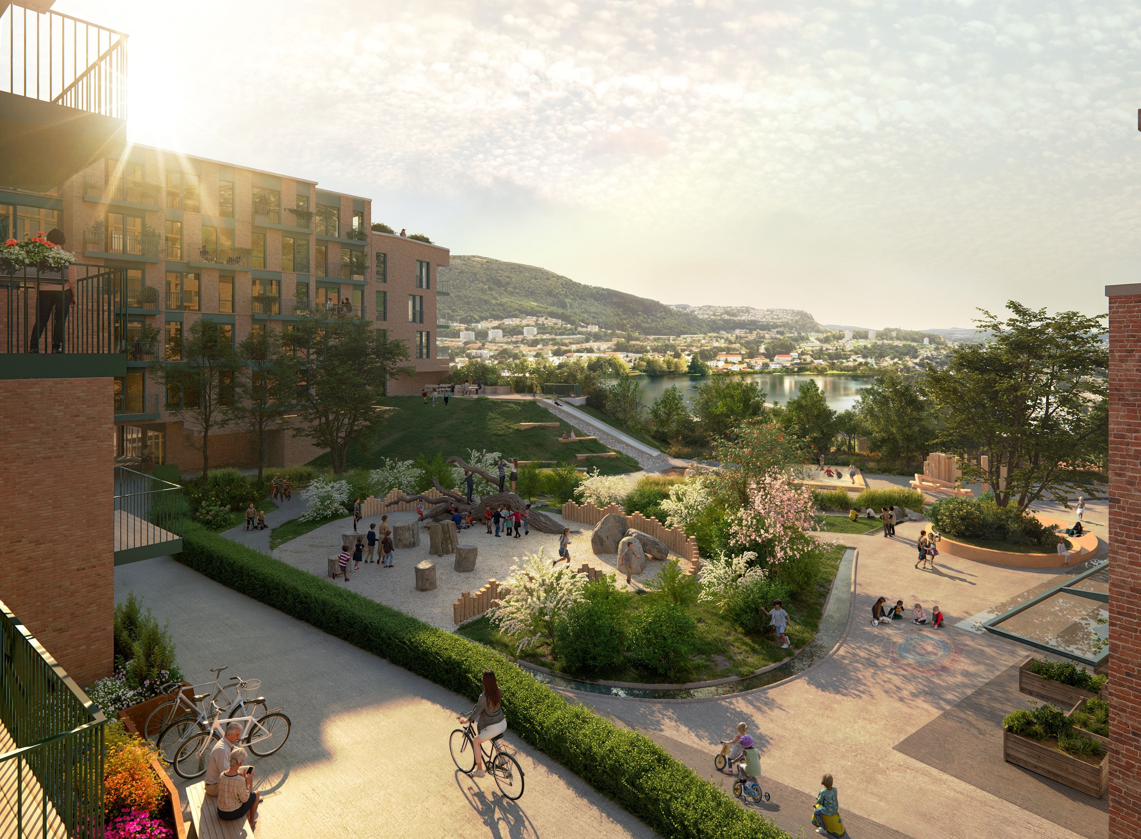 Illustrasjon i perspektiv fra balkong med oversikt over grøntområde og lekeplass.
