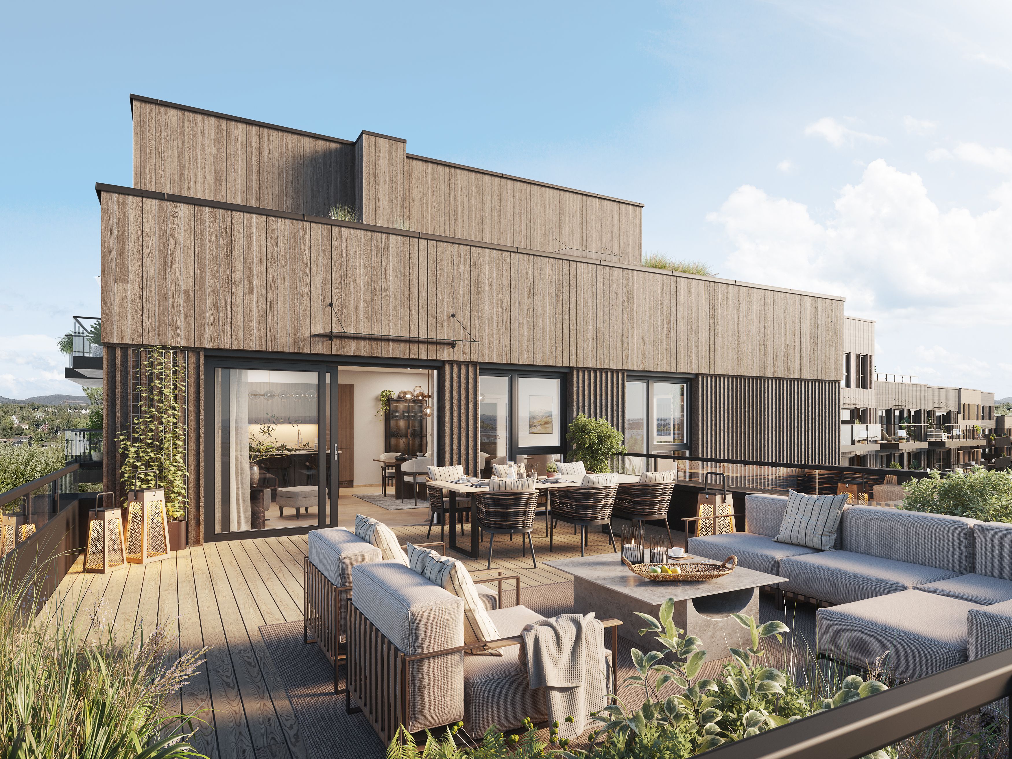 Illustrasjon av en leilighet med møblert takterrasse i en leilighet i Storøykilen på Fornebu