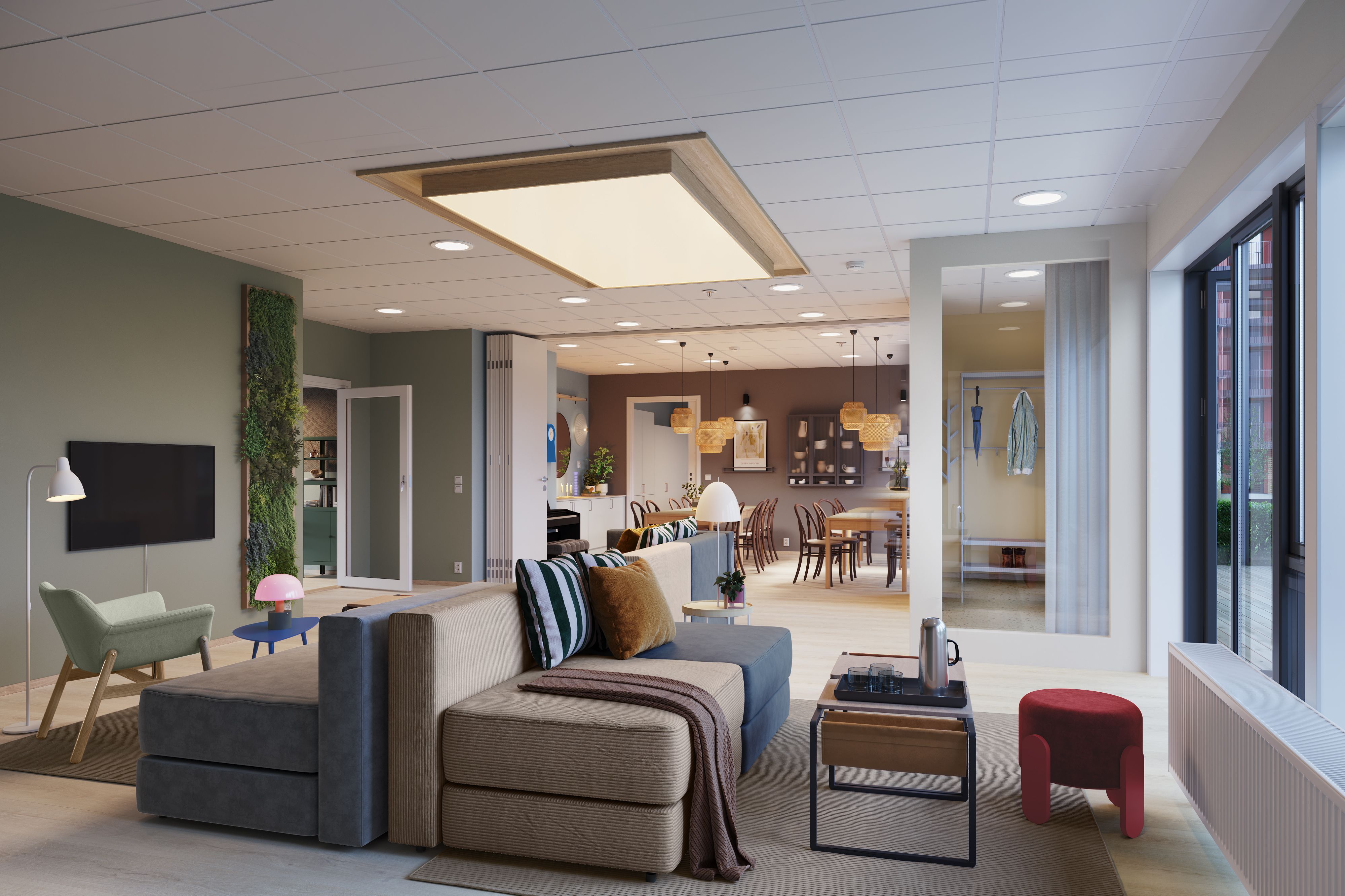 Illustrasjon av fellesmøterom med sofaer og med kjøkken i bakgrunnen