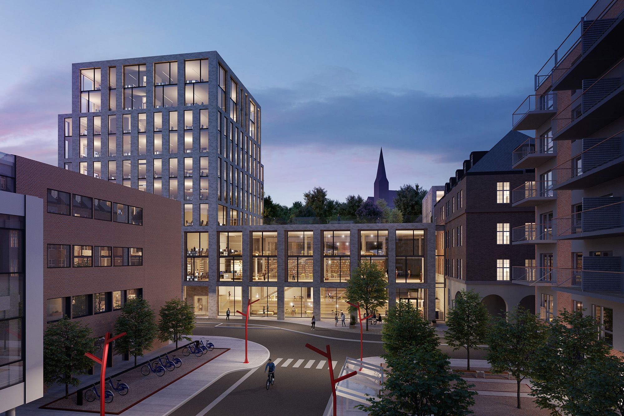Illustrasjon av bygget og uteområdet sett i kveldslys.