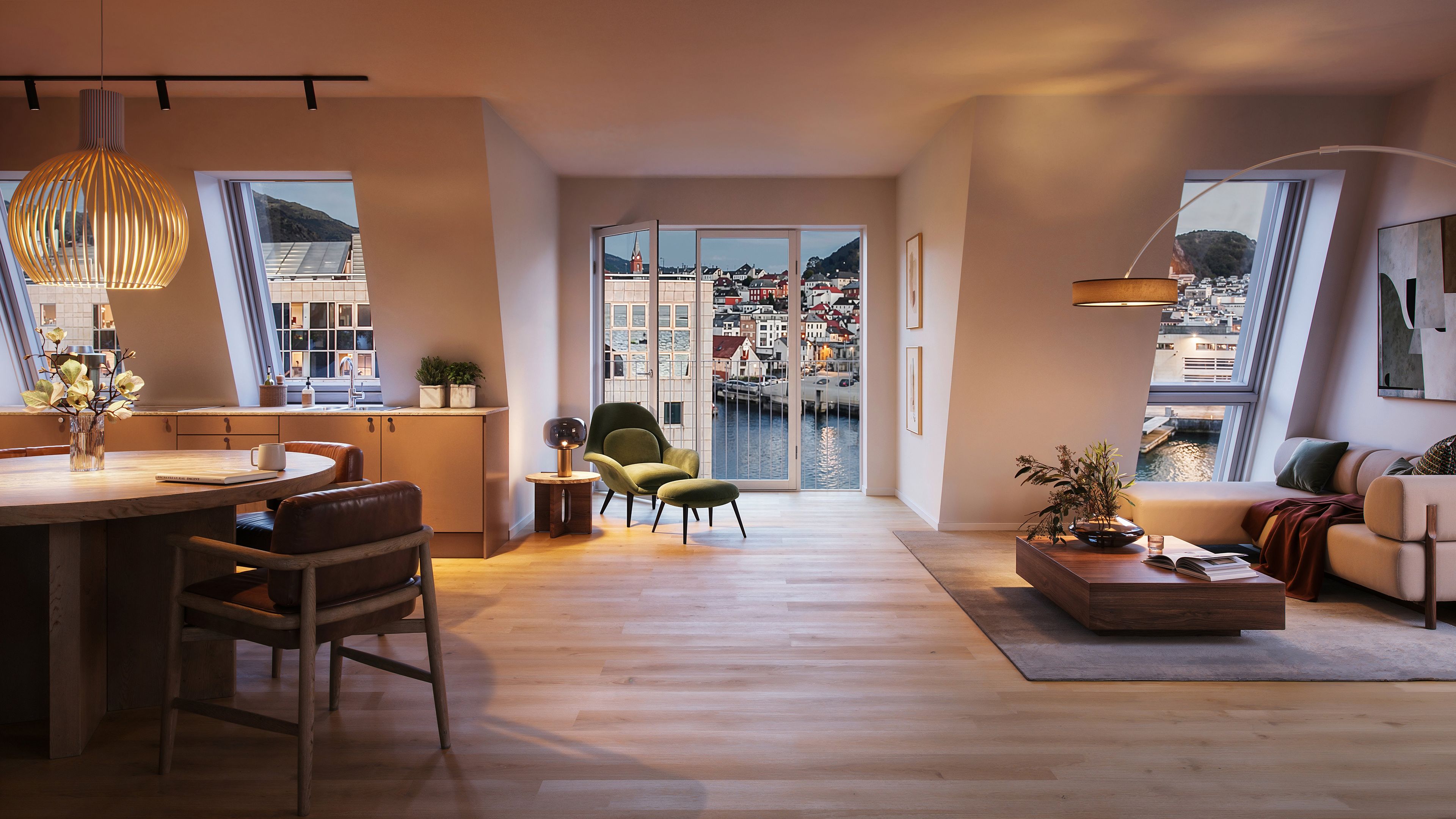 Illustrasjon av spisestue, stue og kjøkken, sett mot terrasse, i leilighet på Nøstebukten brygge