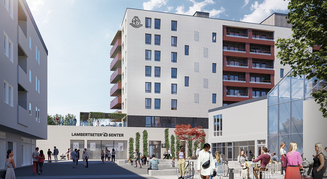 Illustrasjon av torget og fasade ved Bølgelengden