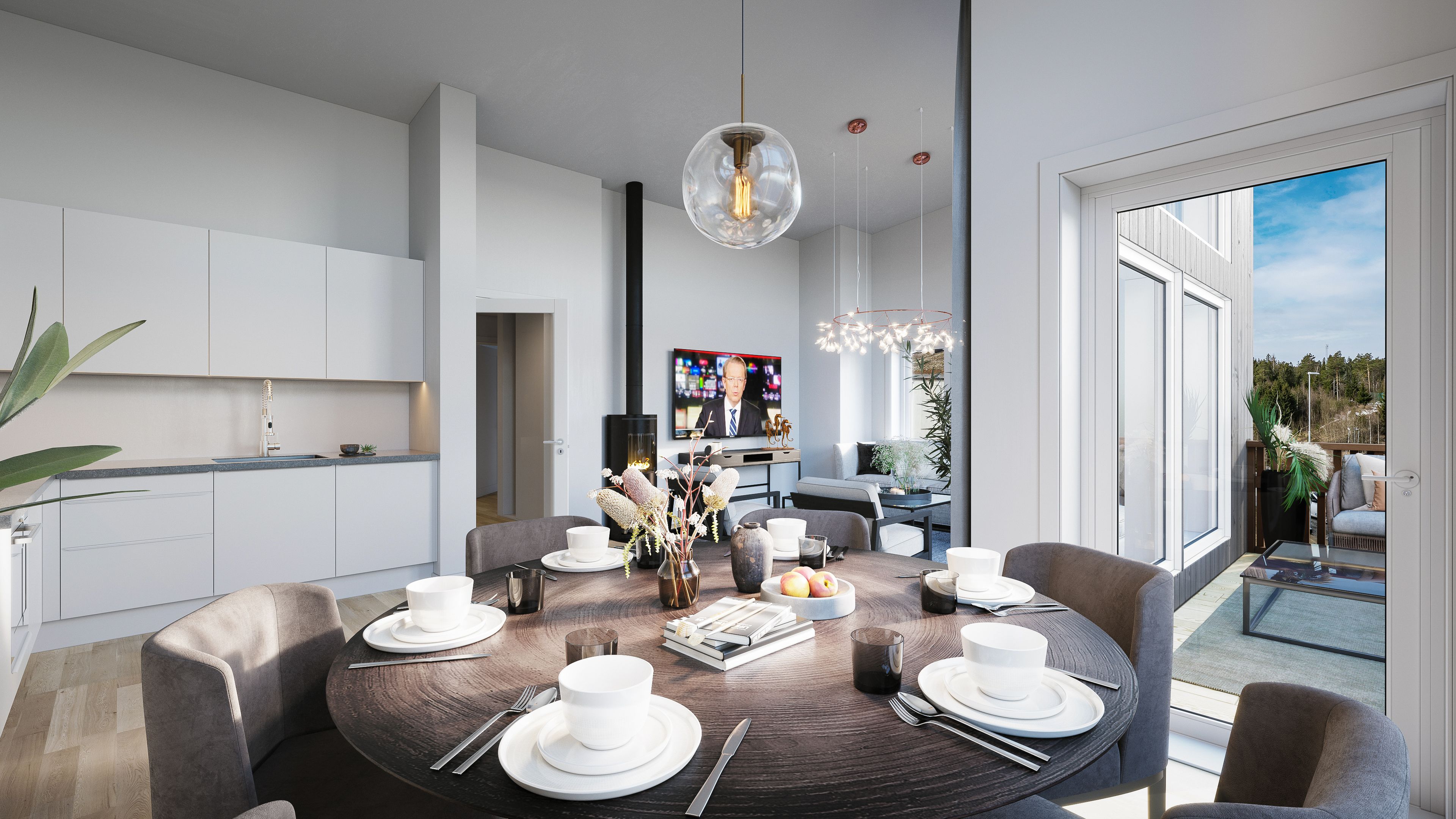 Illustrasjon av spisestue mot kjøkken og terrasse i leilighet i hus 1–3, på Eltonåsen Syd, BKS5.