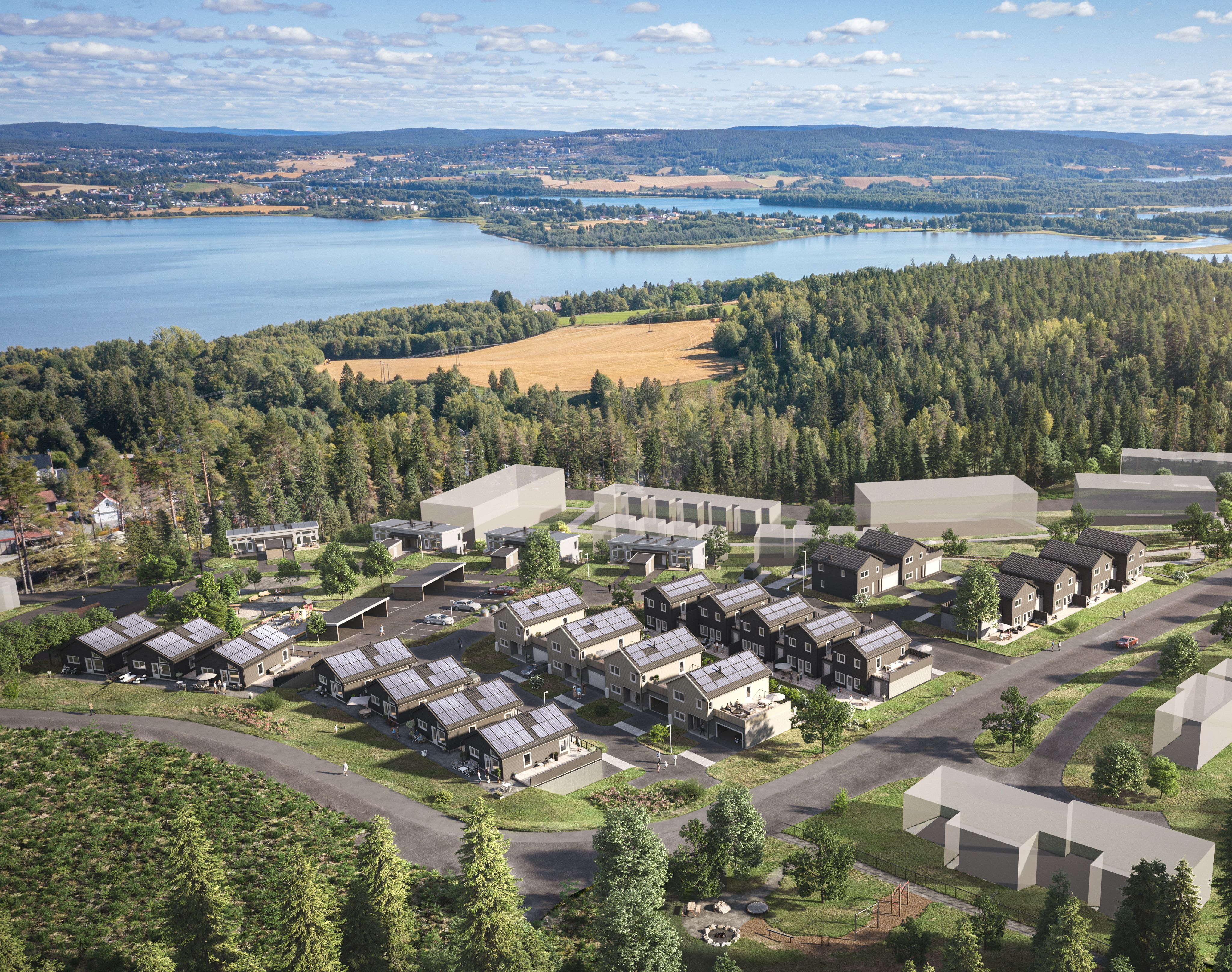Oversikt over boligfeltet og nærområdet på Marikollåsen, med eneboliger og tomannsboliger