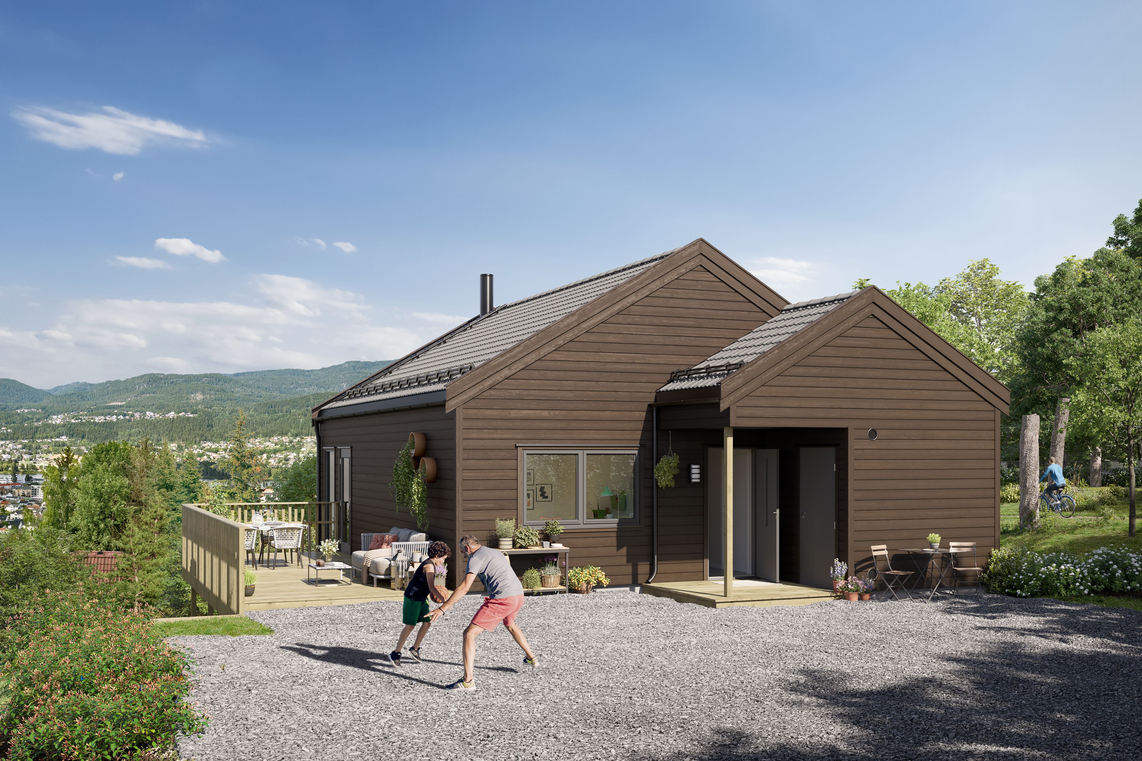 Fasade på enebolig i Åsen gård BFS4, sett fra oppkjørselen