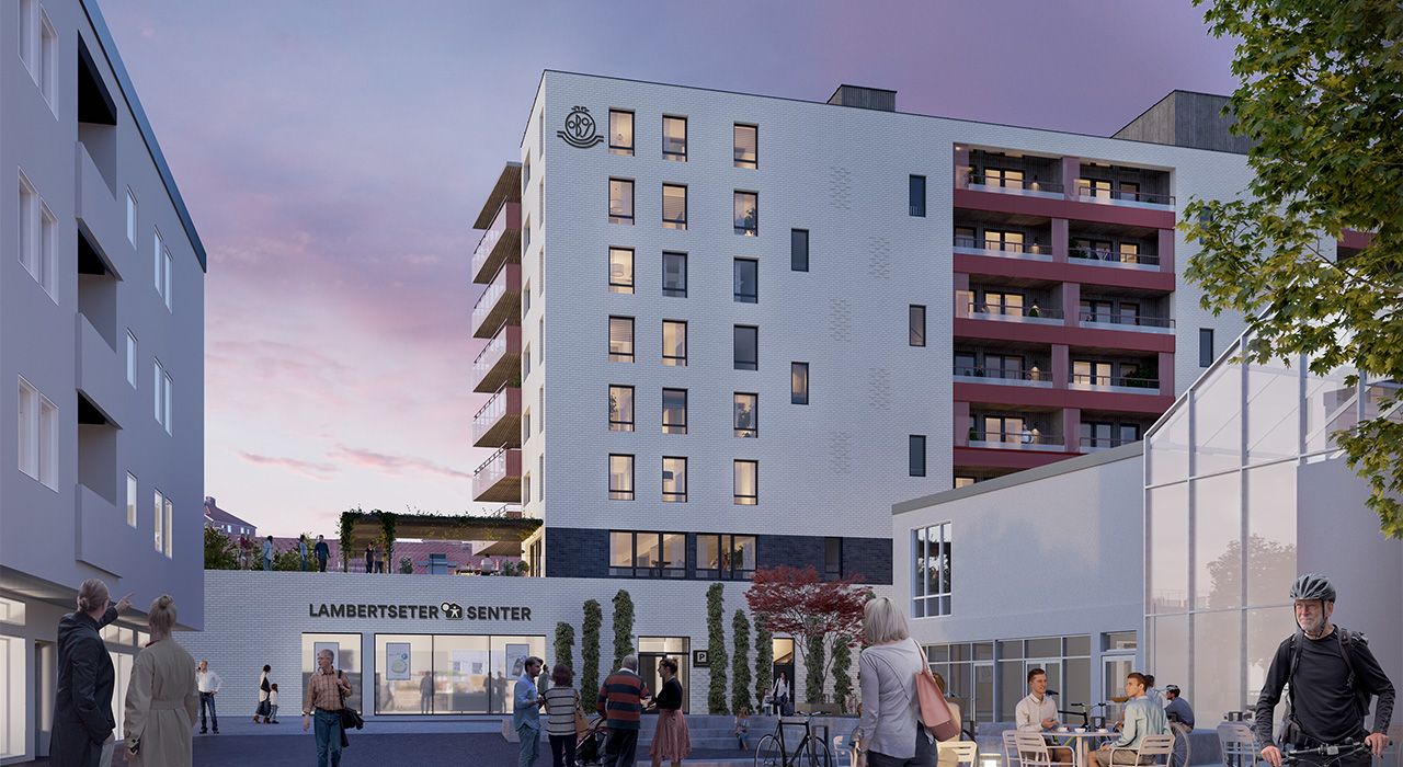 Illustrasjon av hvordan hovedinngangen til Lambertseter Senter Sør kommer til å se ut.