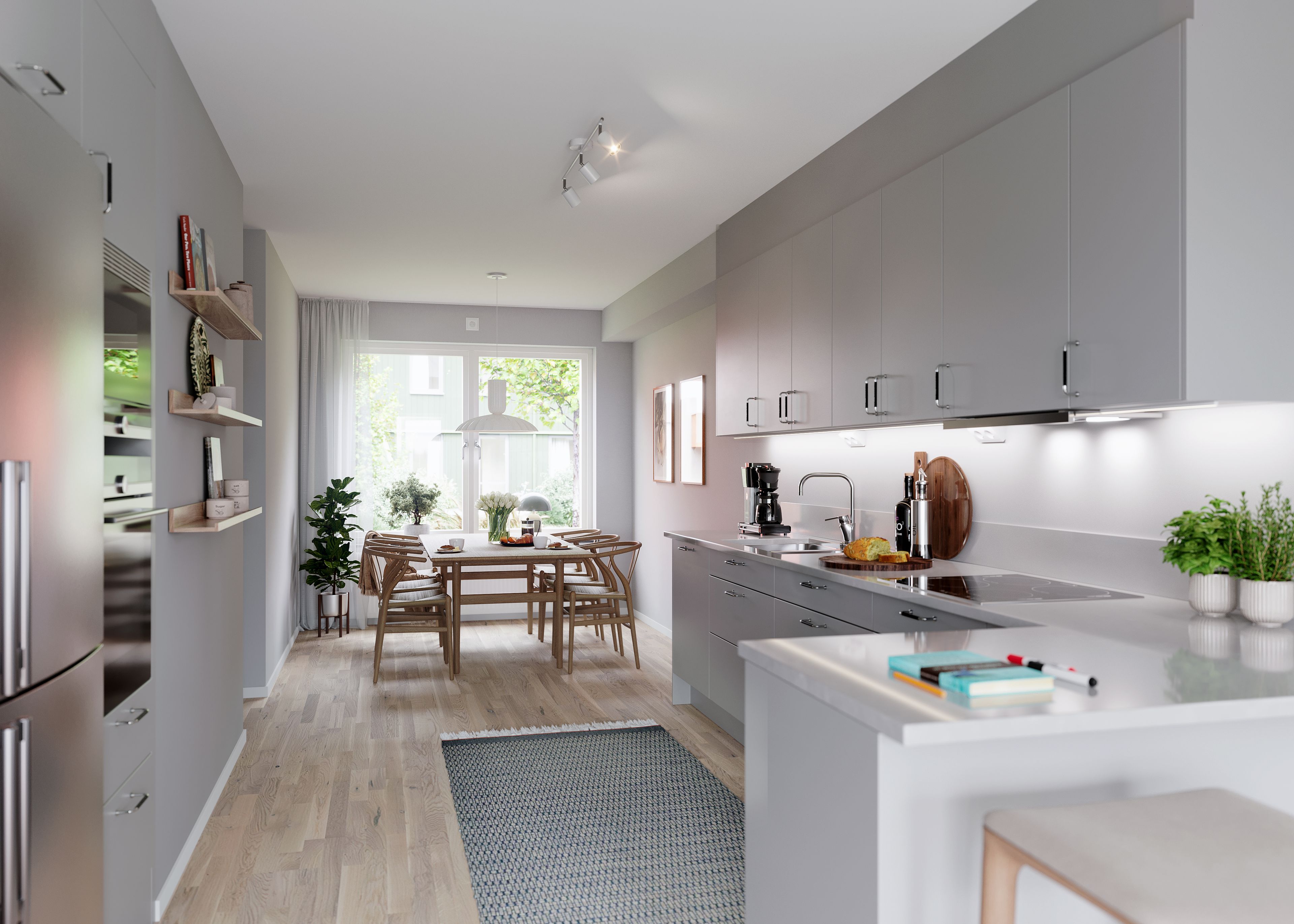 Kök och matplats i radhus, designlinje Vinter