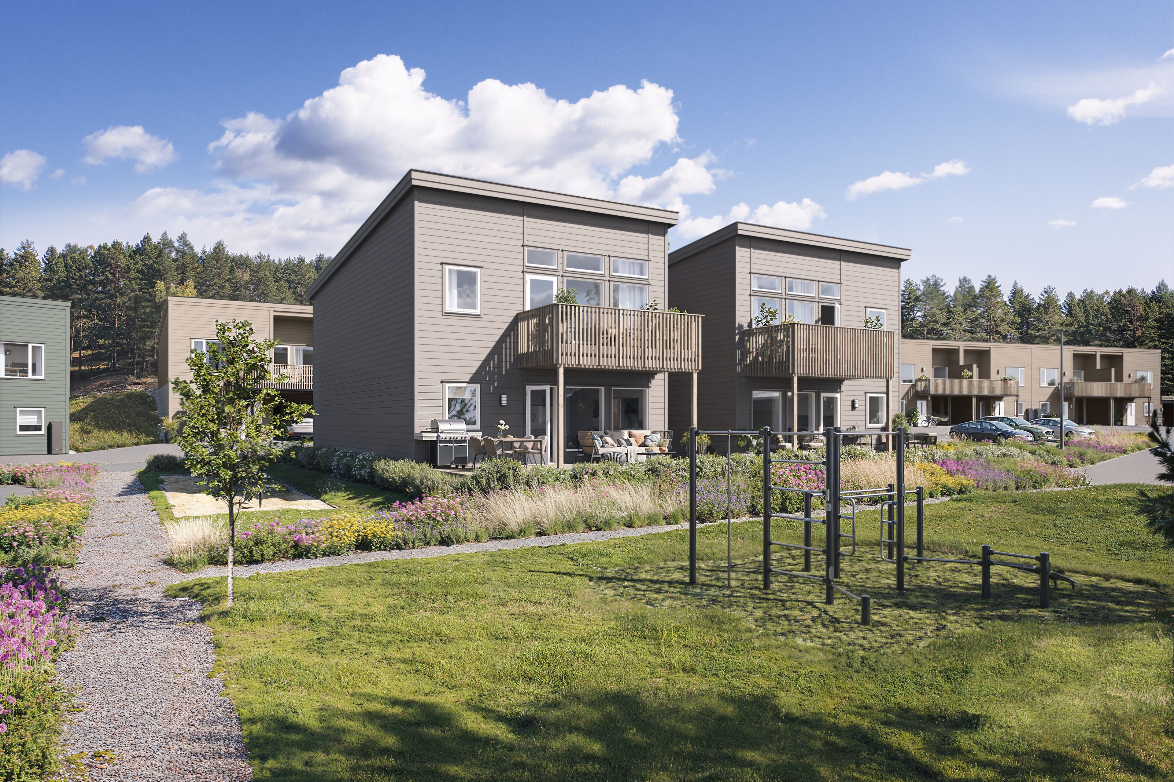 Illustrasjon av fasade på leiligheter, hus 13, på Henckeltunet Park
