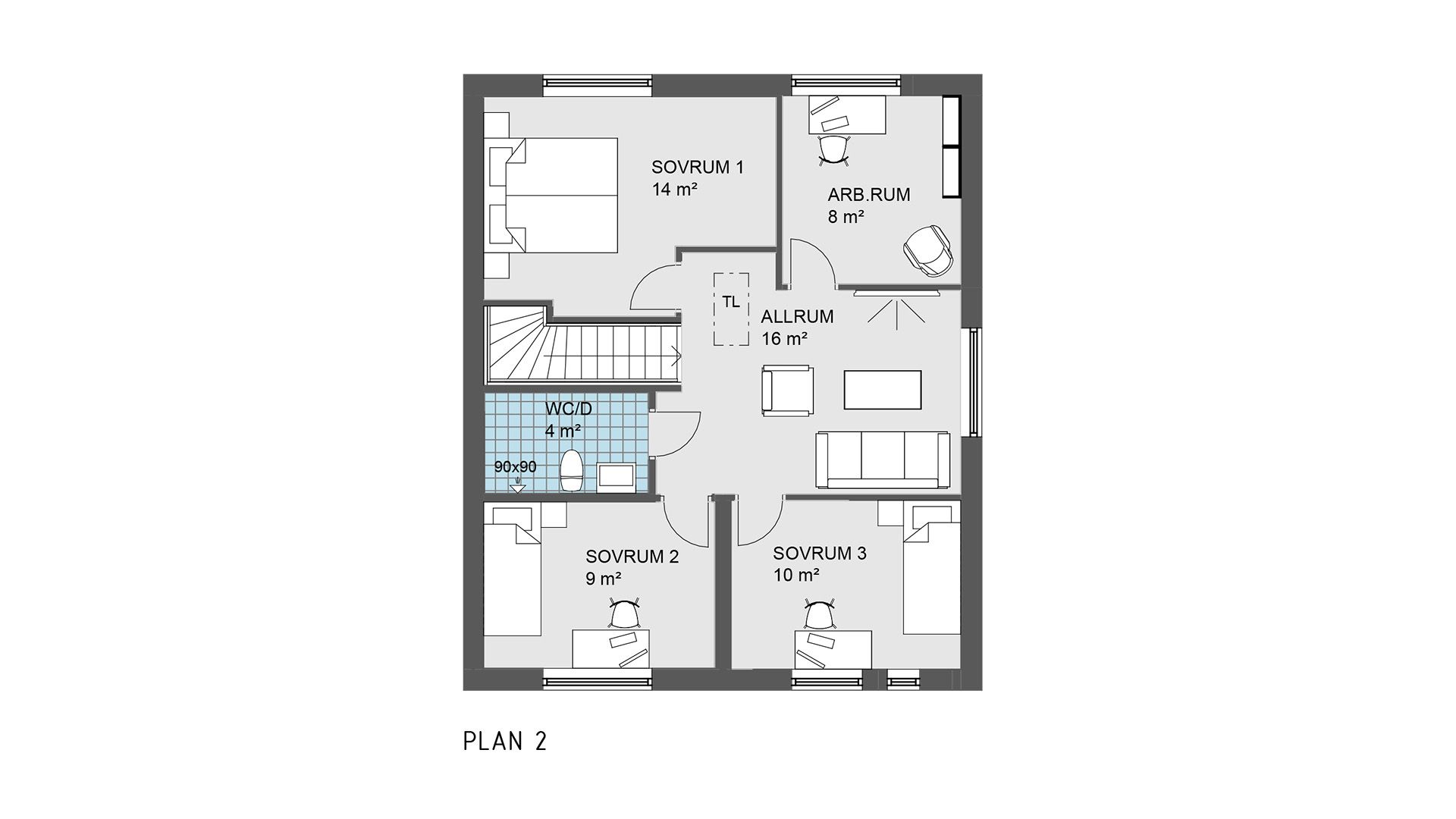 Planlösning ovanvåning i hus 02, 06, 08, 10, 13, 15, 17 och 19