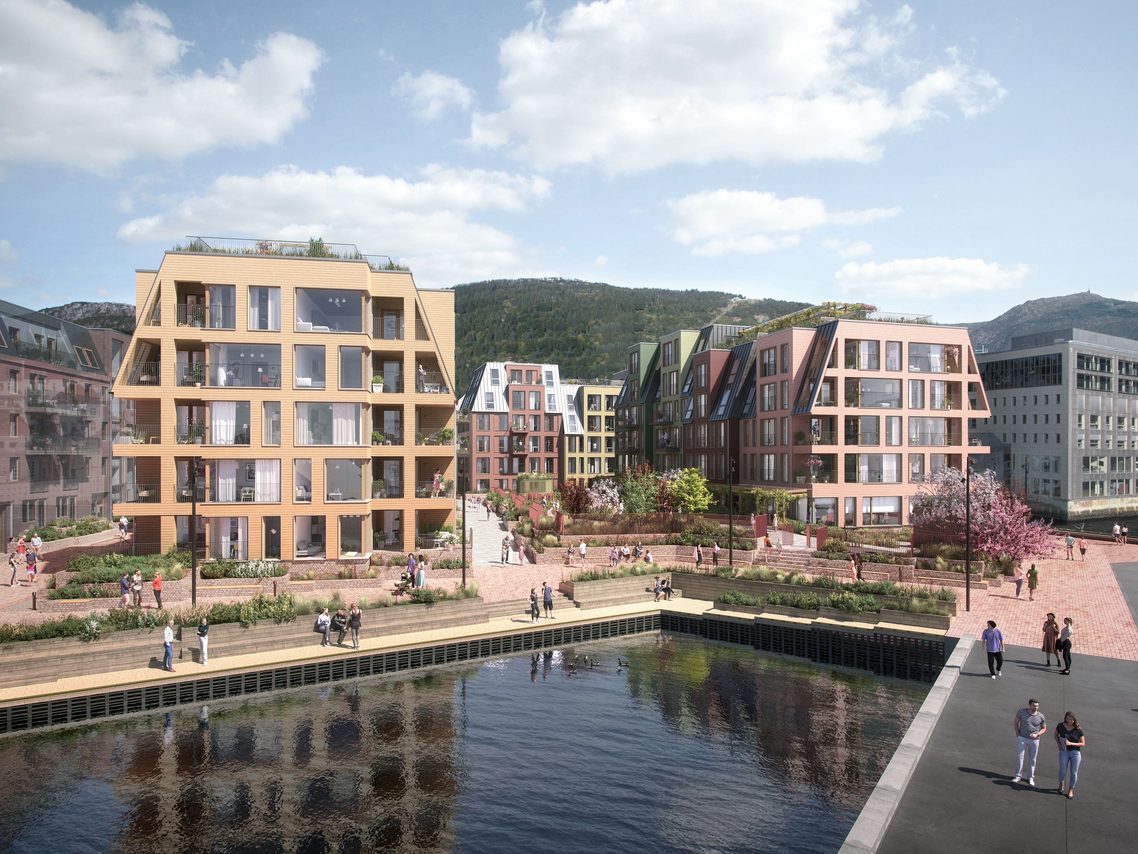 Illustrasjon av fasade på leilighetsbyggene på Nøstebukten brygge