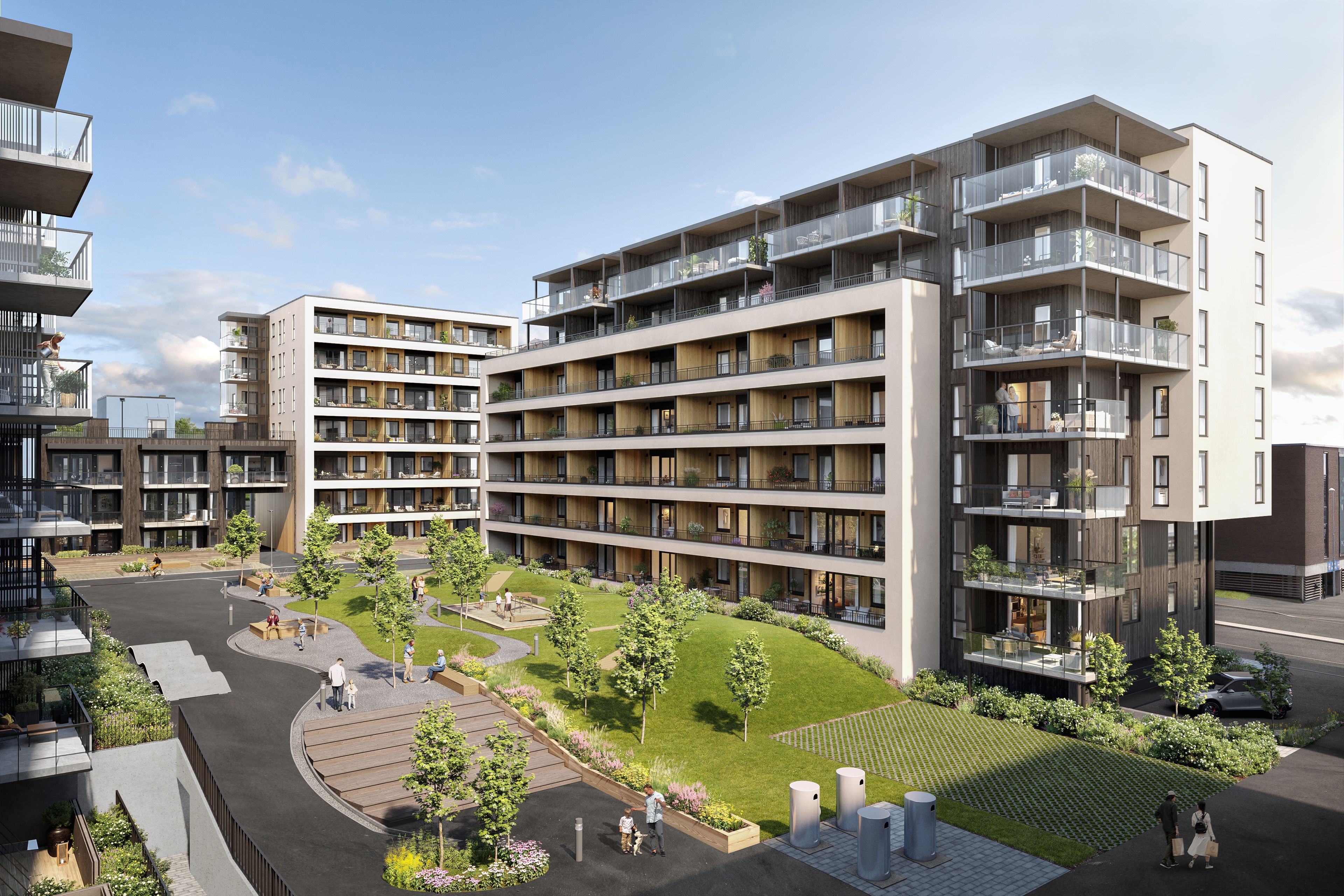 Illustrasjon av hus M & N i Ladebyhagen med frodig uteområde foran.