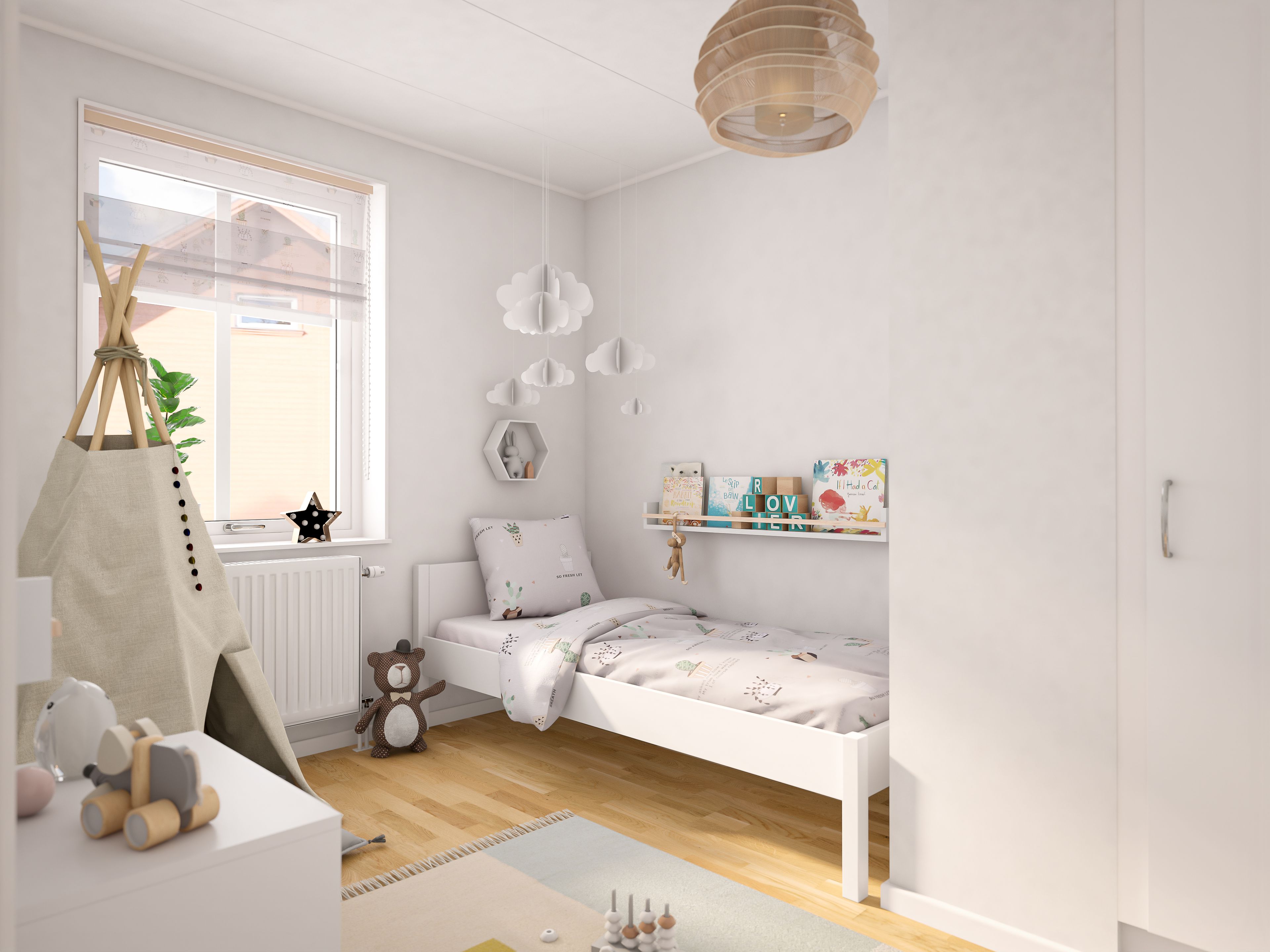 Illustration av ett barnrum med garderob