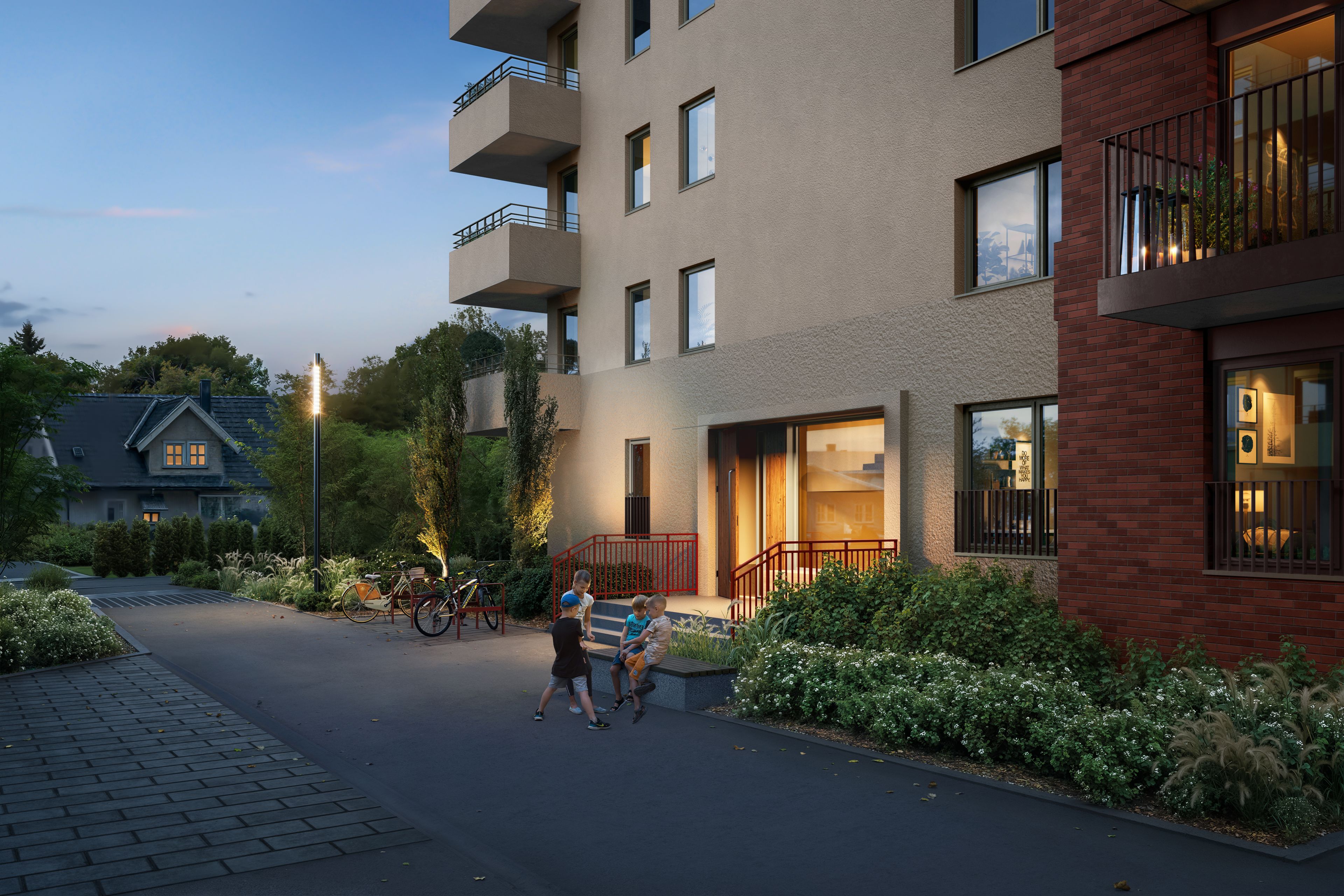 Illustrasjon av fasade og inngangsparti med barn som leker i forgrunnen,