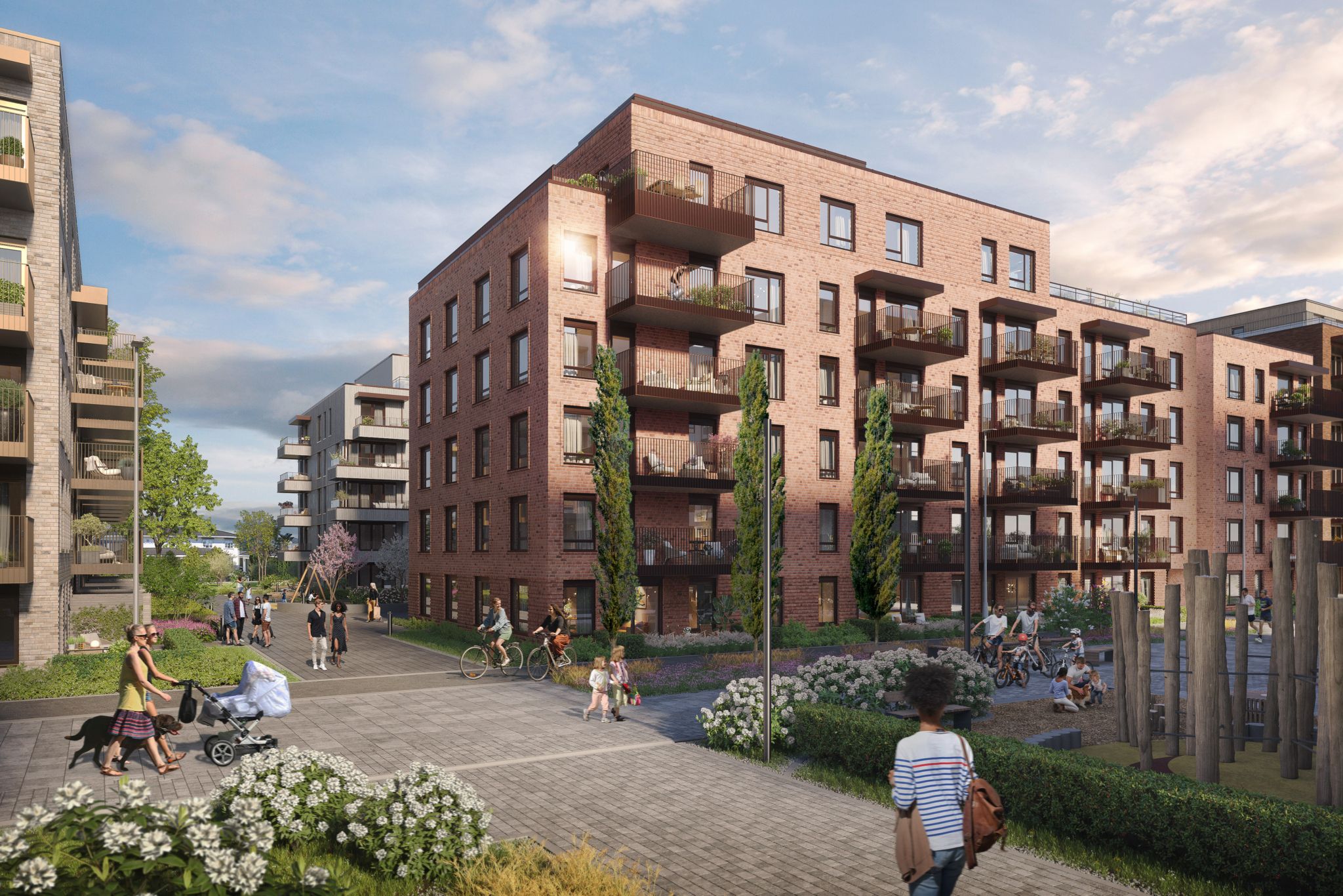 Illustrasjon av fasaden og fellestorget i Parsellen i Lillestrøm.