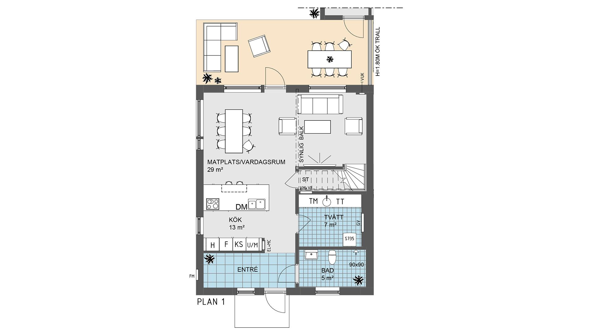 Planlösning på bottenvåning i hus 01, 05, 07, 09, 12, 14, 16 och 18