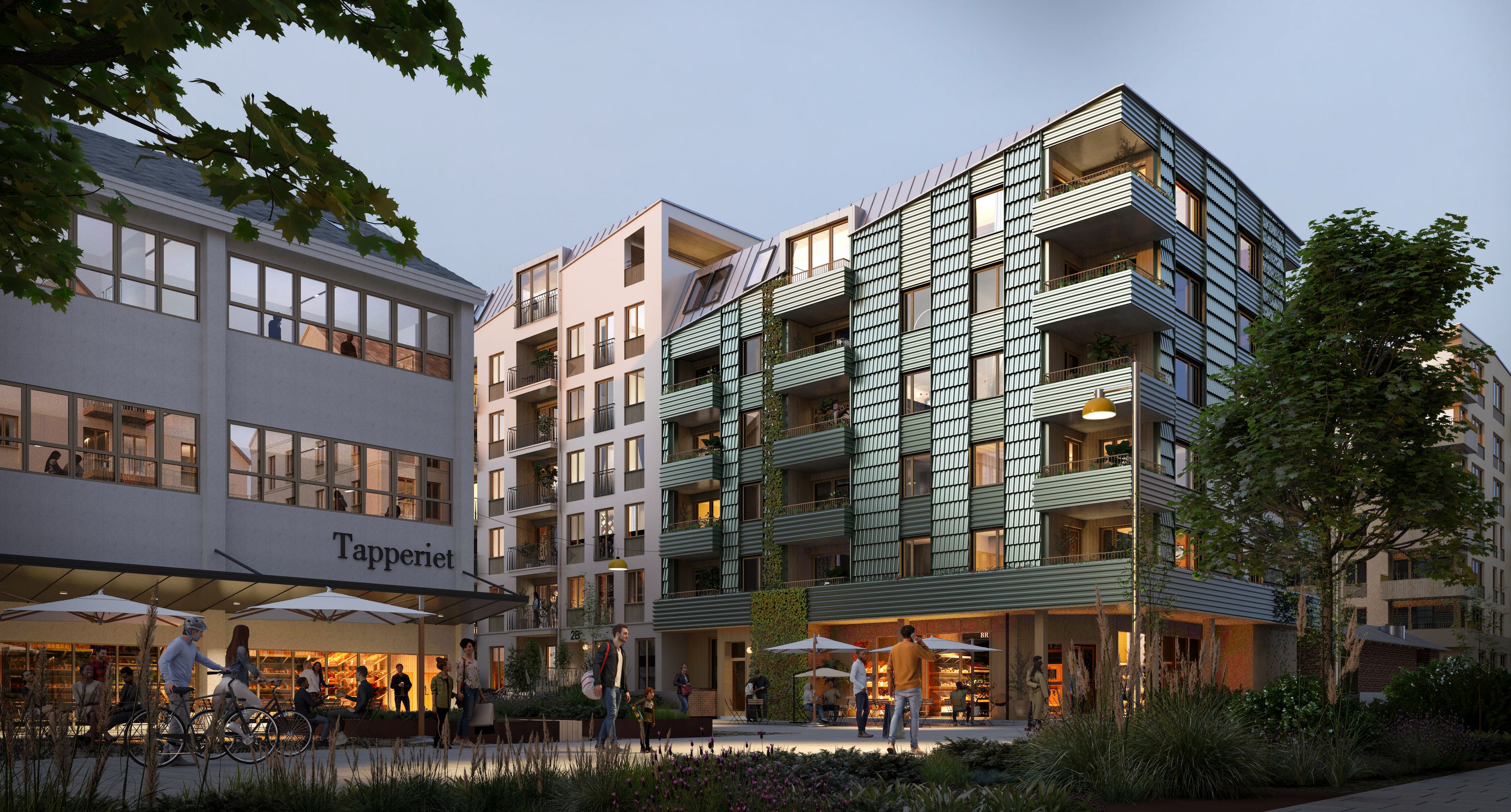 Illustrasjon av torget i boligprosjektet Bergensmeieriet.