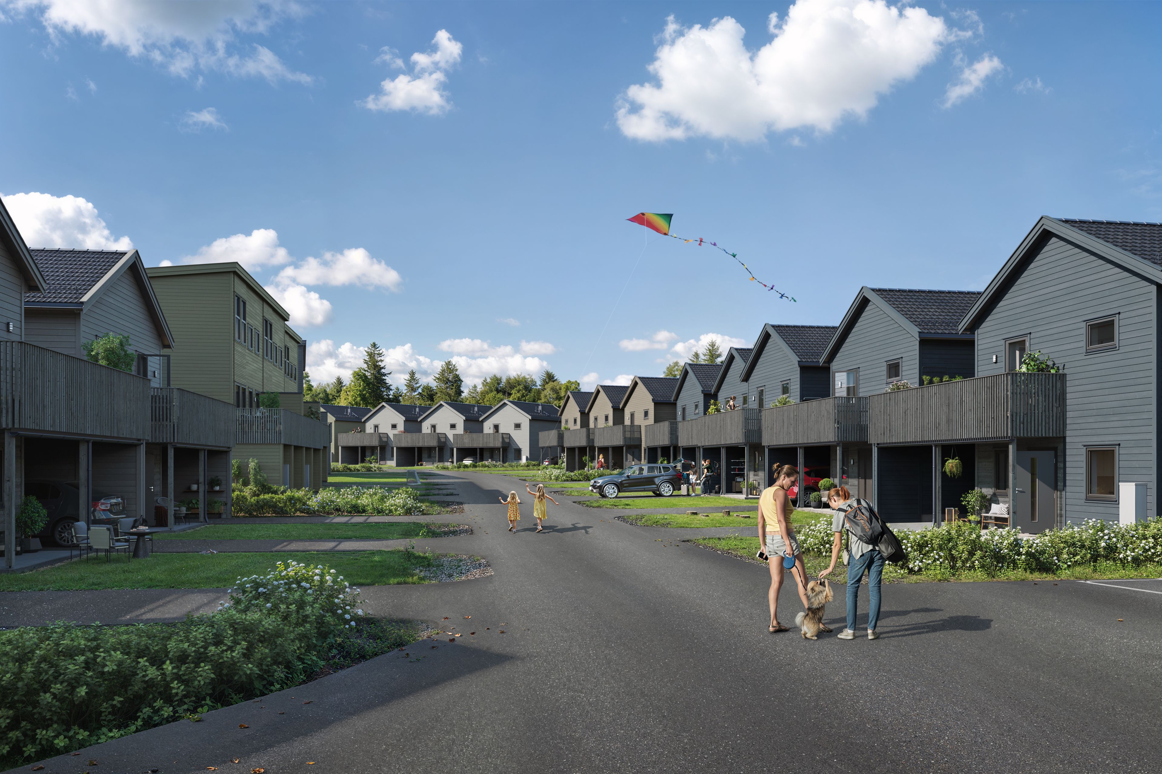 Illustrasjon av boligområdet sett fra gaten, i boligprosjektet Jessheim Sørøst