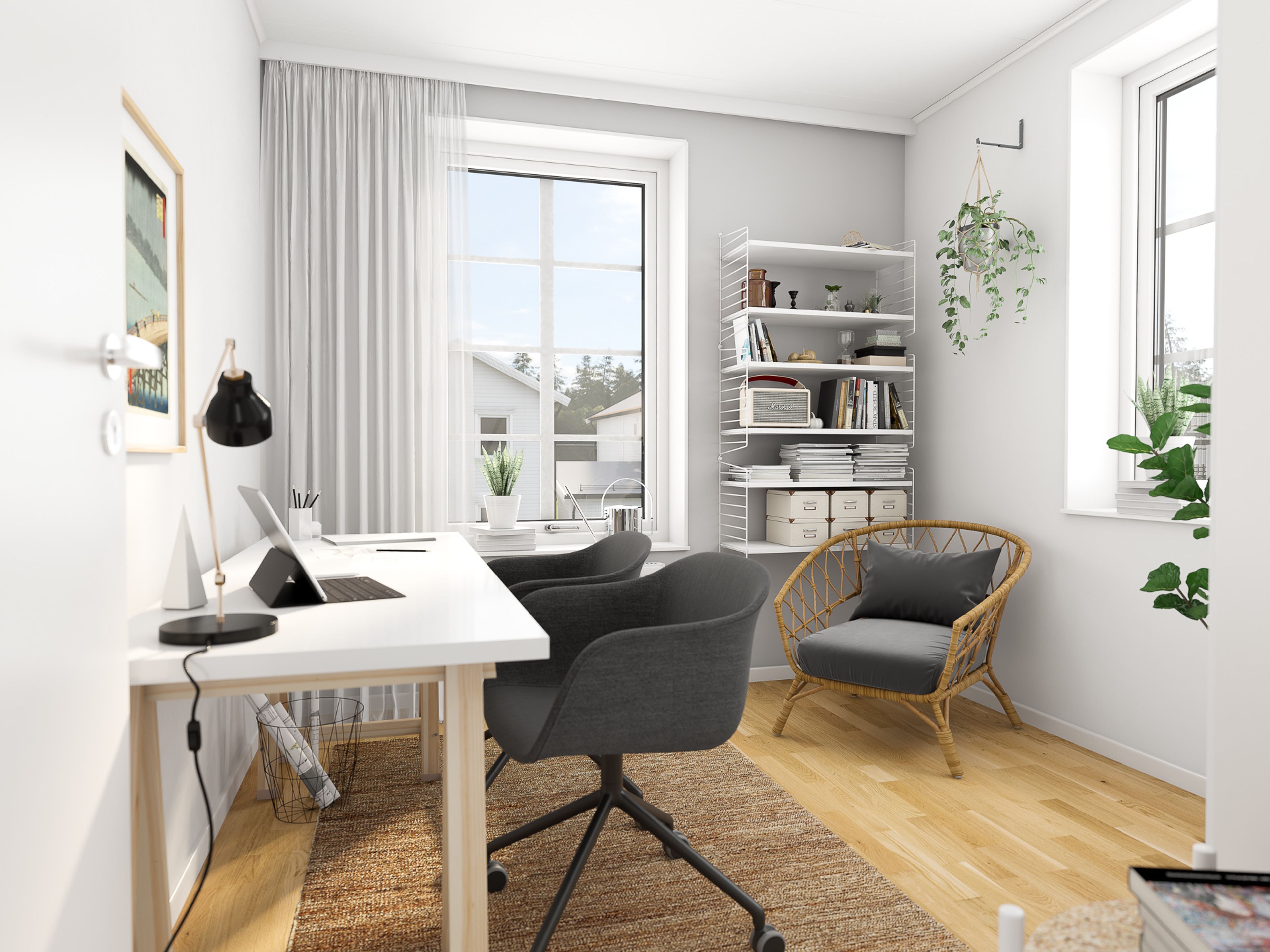 Ett skrivbord och en lampa; ett hemmakontor