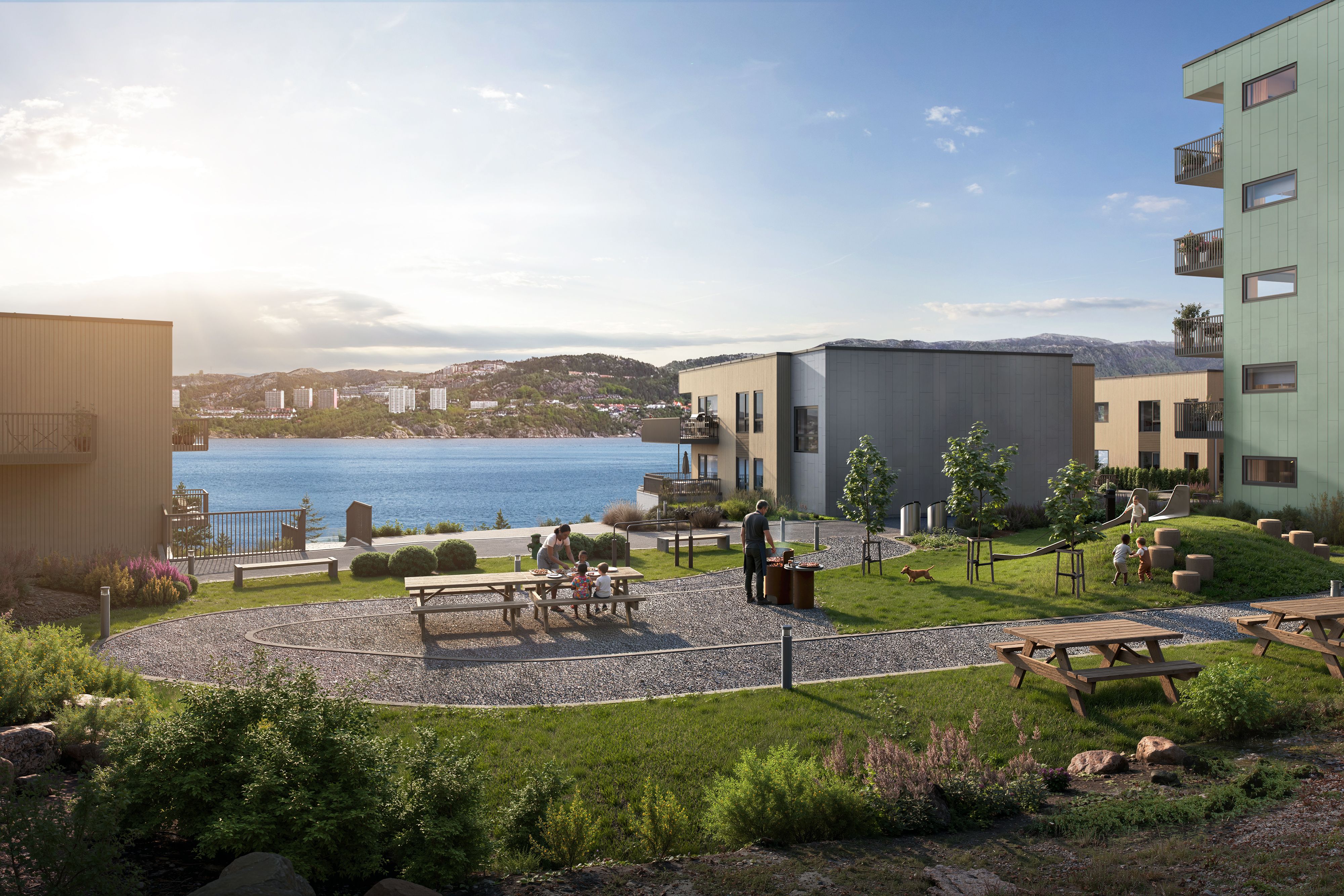 Illustrasjon av uteområde utenfor blokk G, med Bergen i bakgrunnen, på Byfjordporten.