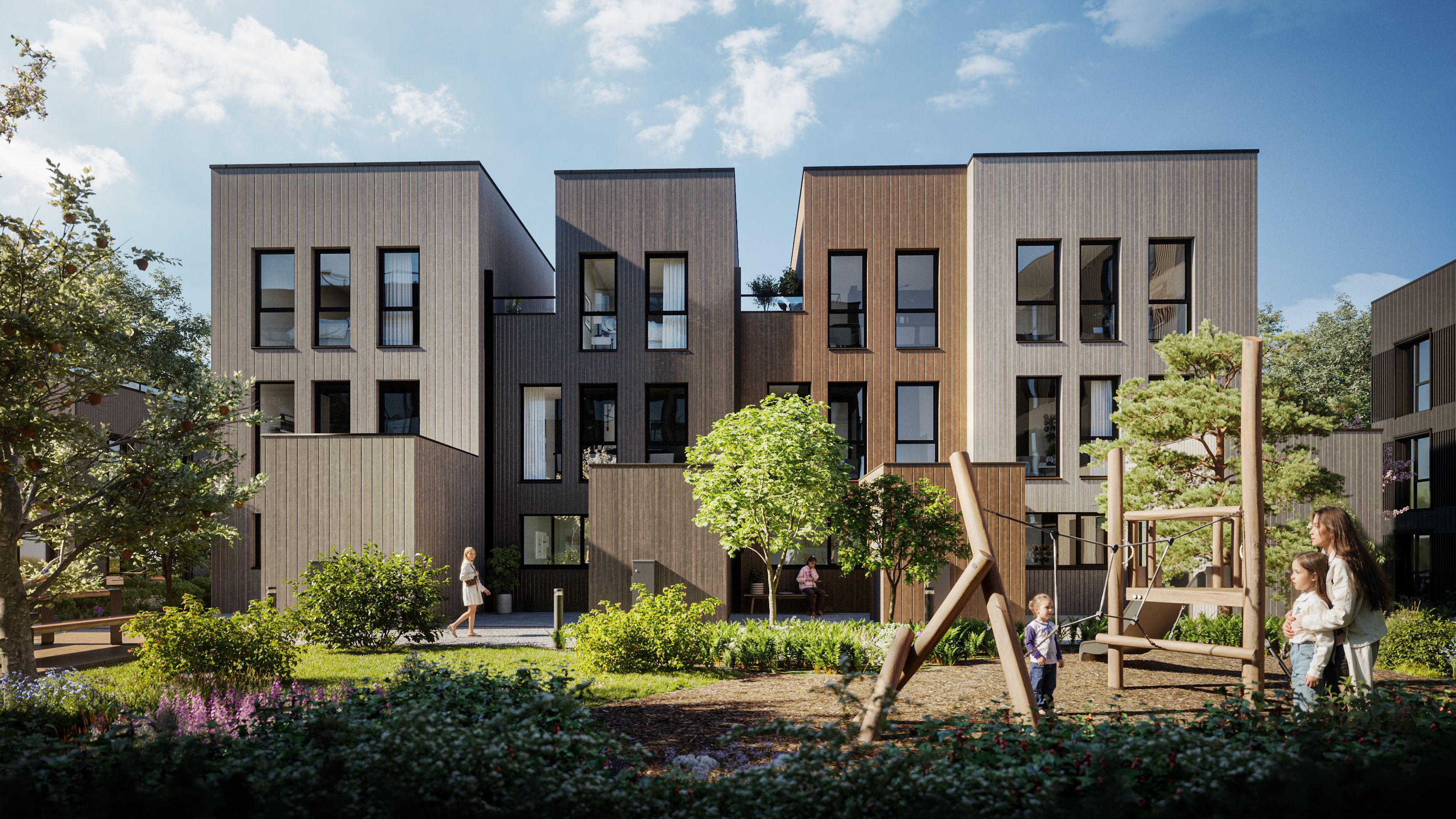 Illustrasjon av fasade på rekkehus i Storøykilen