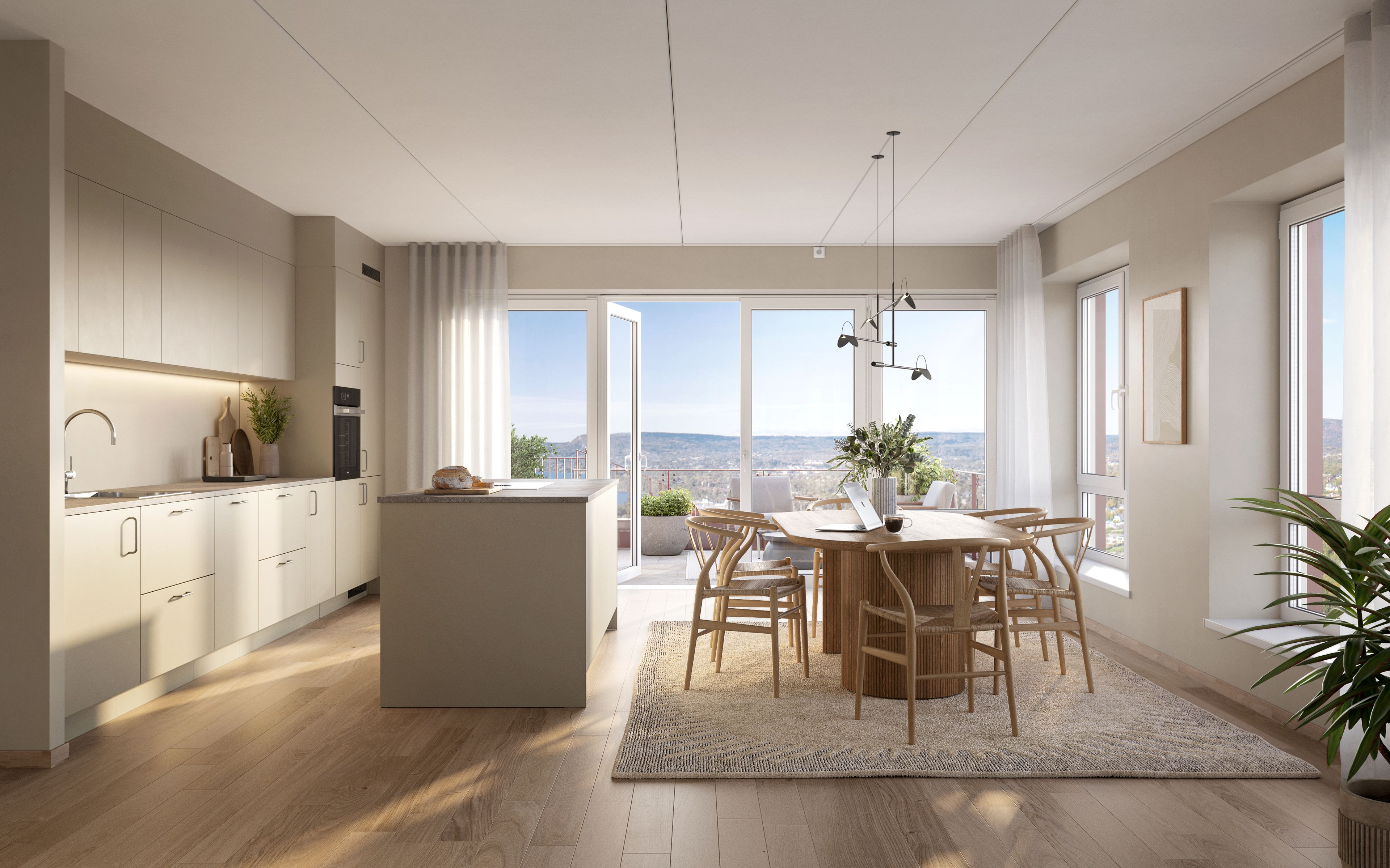 Kjøkken og spiseplass med utgang til uteplass i 8001 Bygg A, lamellhus i Kvartal A