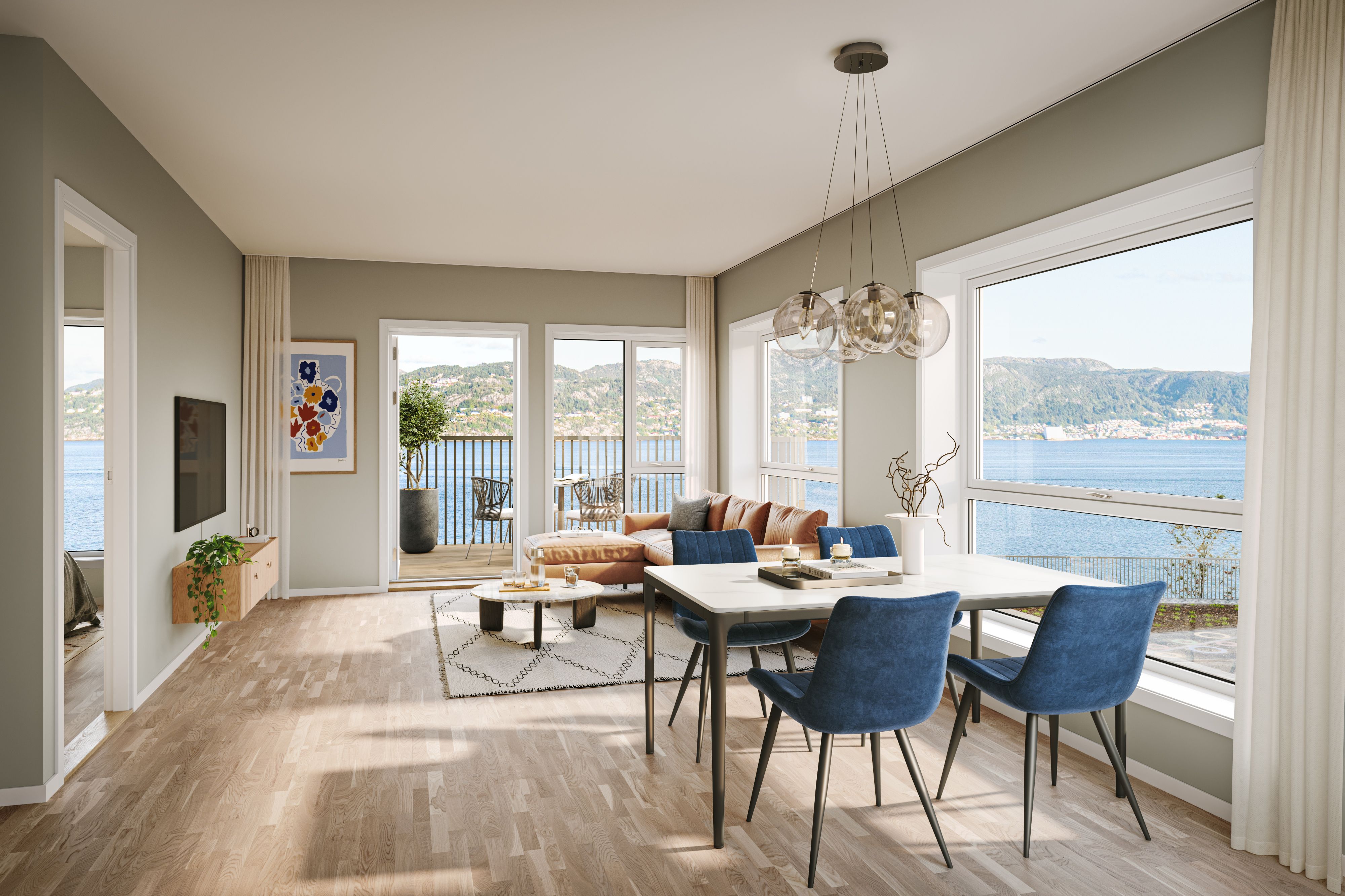 Illustrasjon av stue i leilighet B06, blokk B, på Byfjordporten.