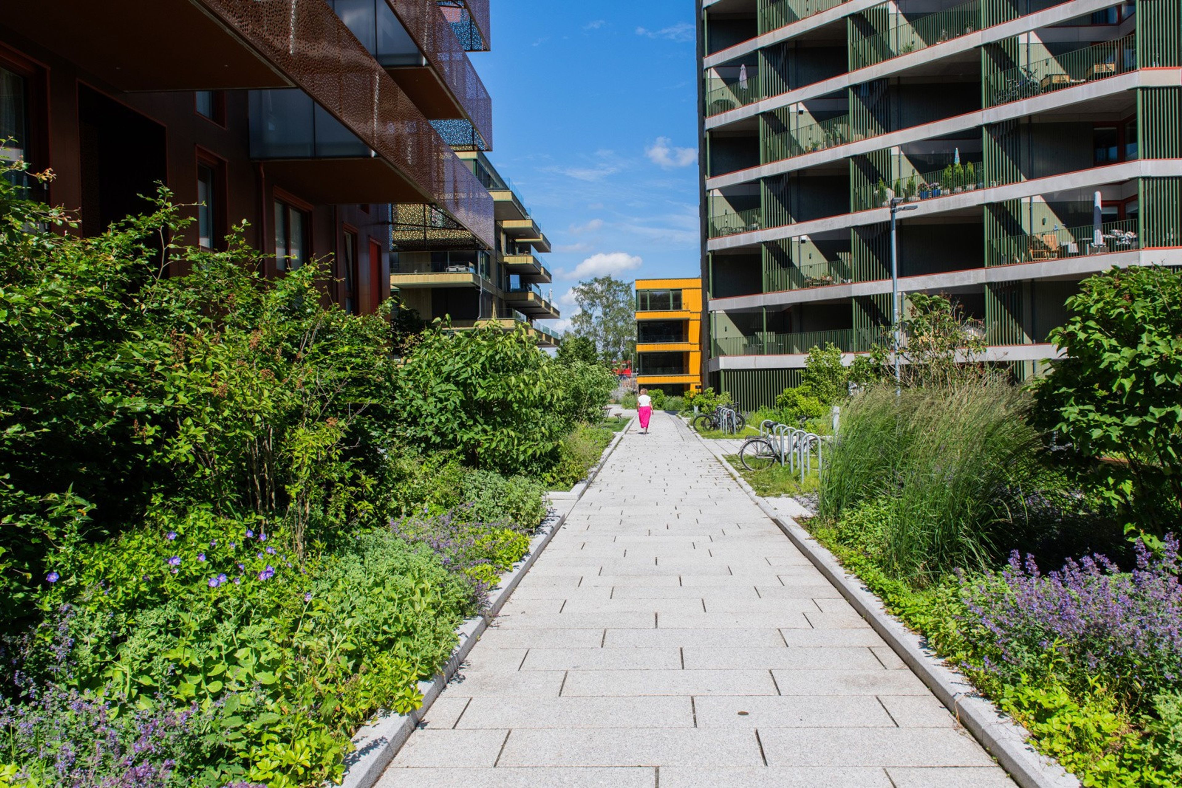 En dame som går på en gangvei med frodig beplantning mellom husene i Magasinparken.