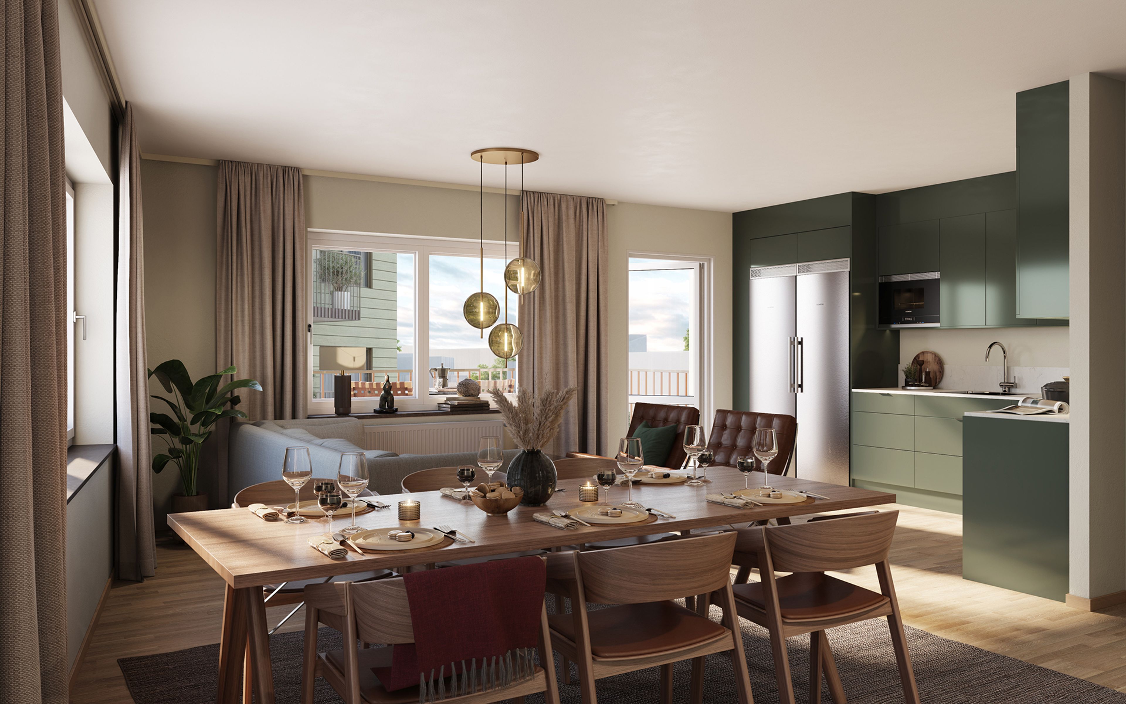 Vardagsrum, matplats och kök med designlinje Vår