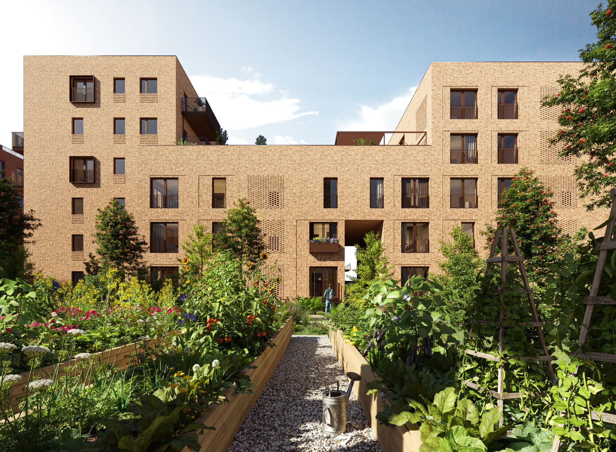 Illustrasjon av felles hagen i Nansenløkka på Fornebu.