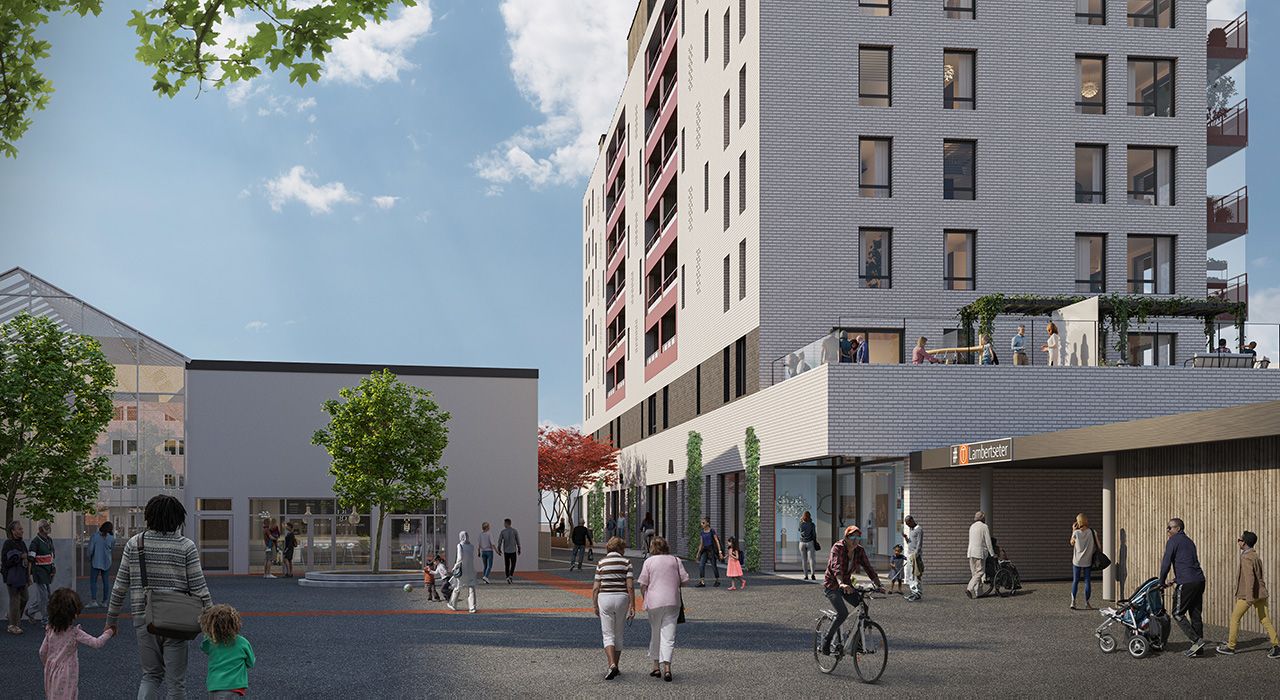 Illustrasjon av uteområdet til Lambertseter Senter Sør.