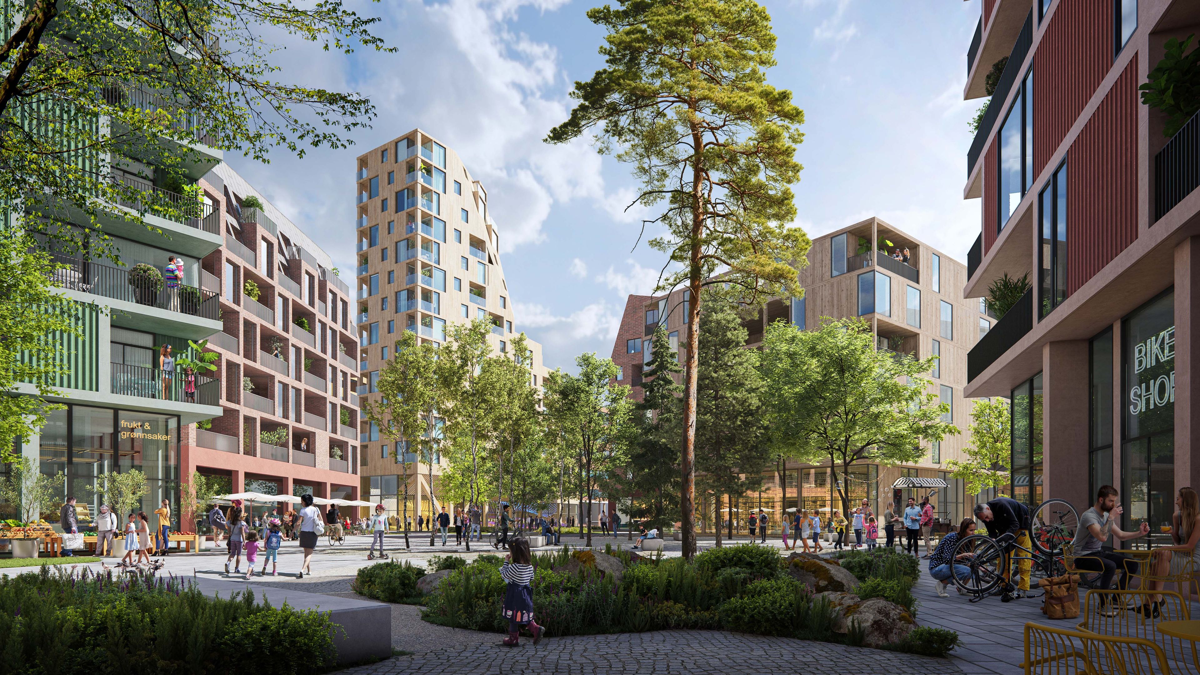Illustrasjon av det kommende byområdet rundt Flytårnet stasjon. Avvik kan forekomme.
