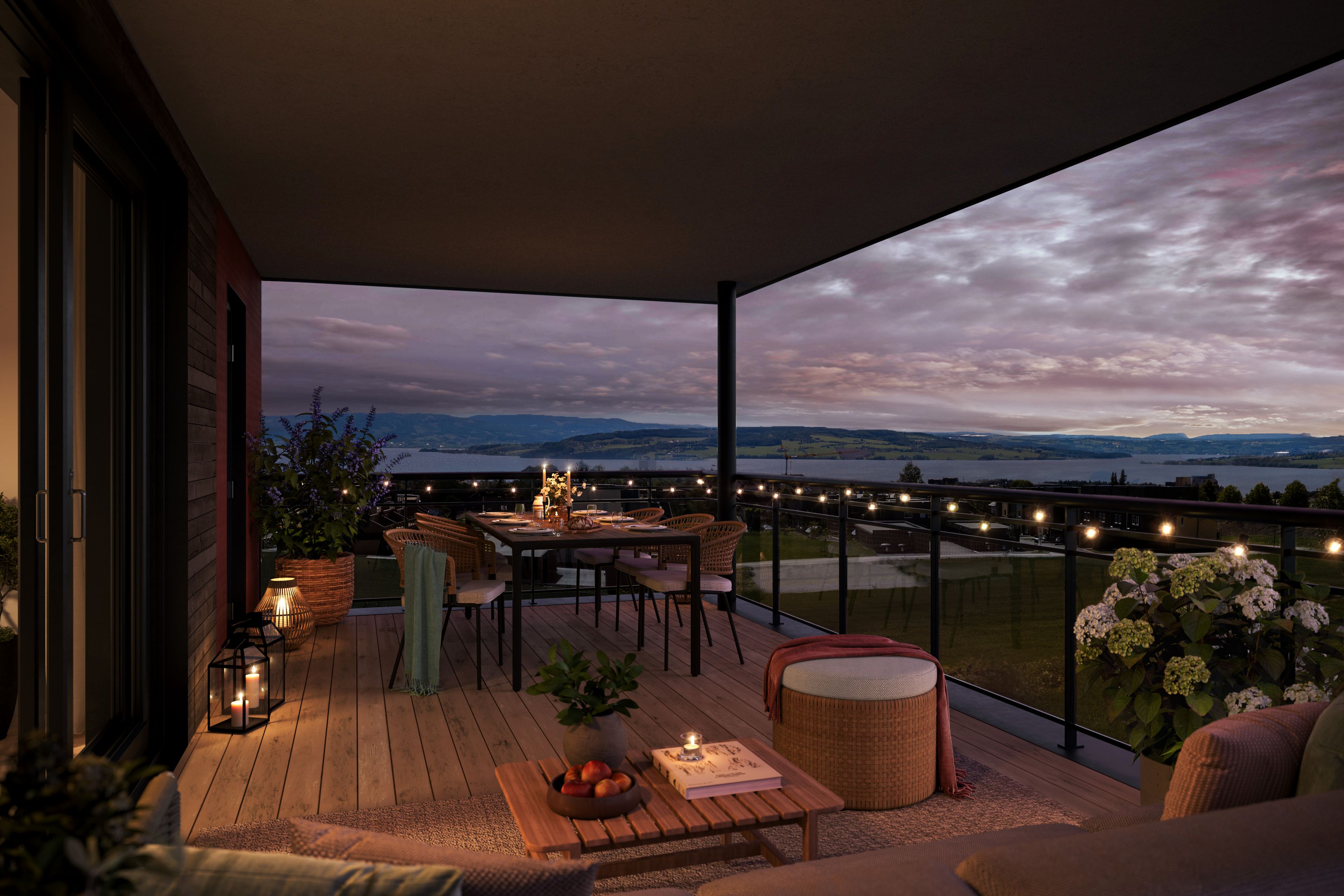 Illustrasjon av terrasse i en leilighet på Sollitunet, med uteplass og god utsikt.