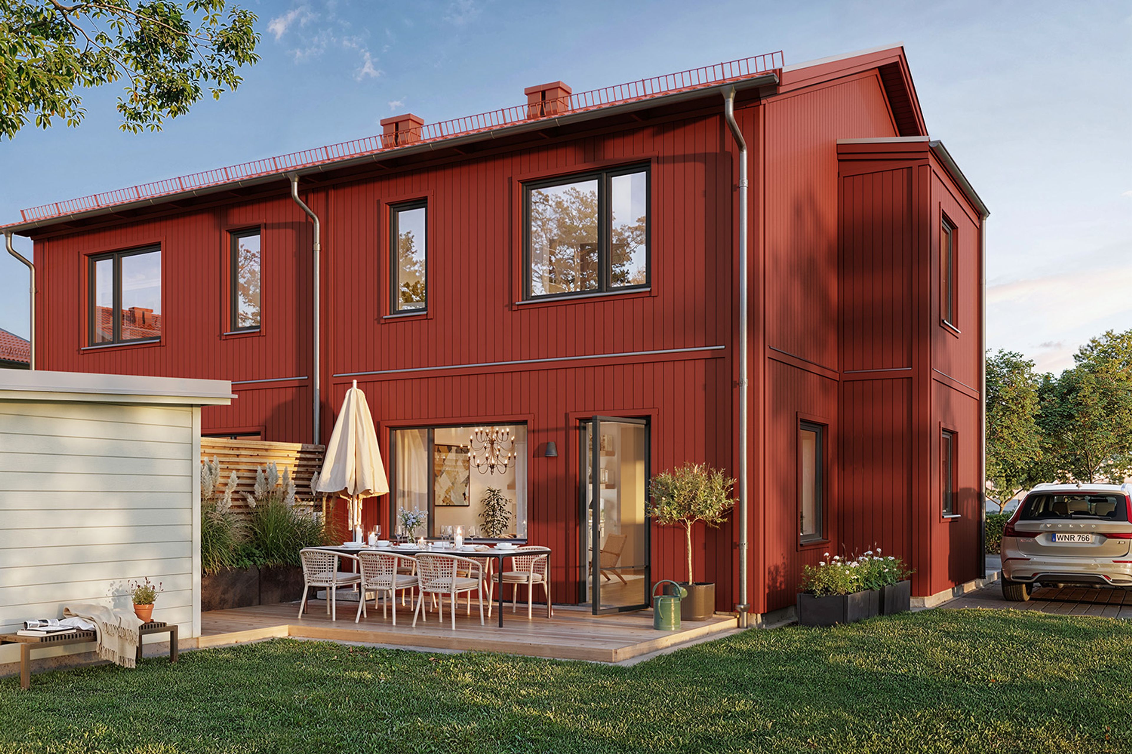 Illustrationsbild av altansidan på ett rött radhus
