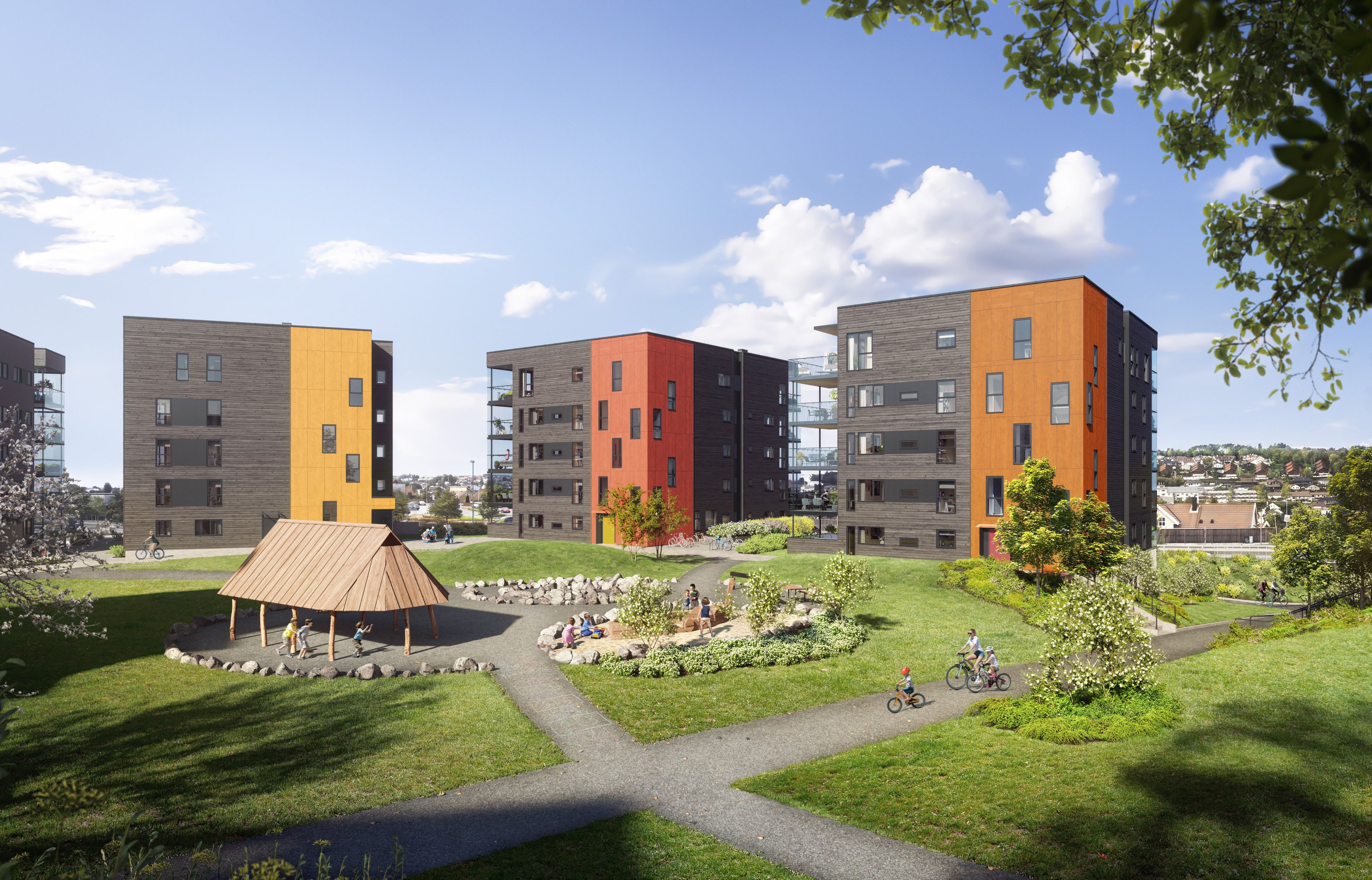 Illustrasjon av fasade på leilighetsbygg på Sørbøhagane BB15, sett fra gårdsrommet